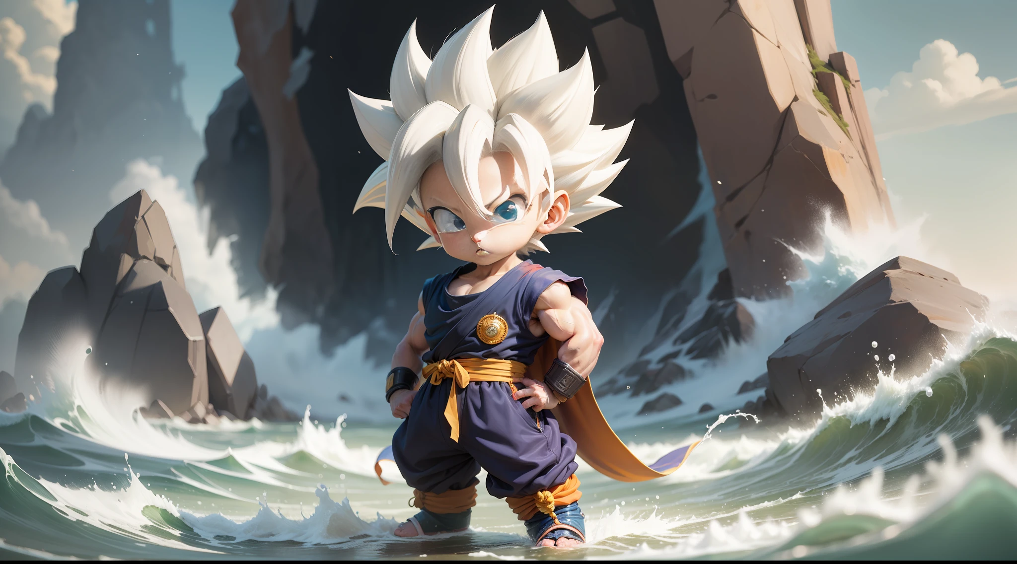 (Masterpiece), (Extreme Quality), (Ultra Detailed), (Full Body: 1.3), 9 years old son goku with monkey tail in dragon ball comic by Akira Toriyama:1.7), solo, (Chibi: 1.2), Cute, (super saiyan with white hair:1.2), magical waterscape, full body in photo, ((masterpiece)), (Beautiful delicate face), (Beautiful detailed eyes),