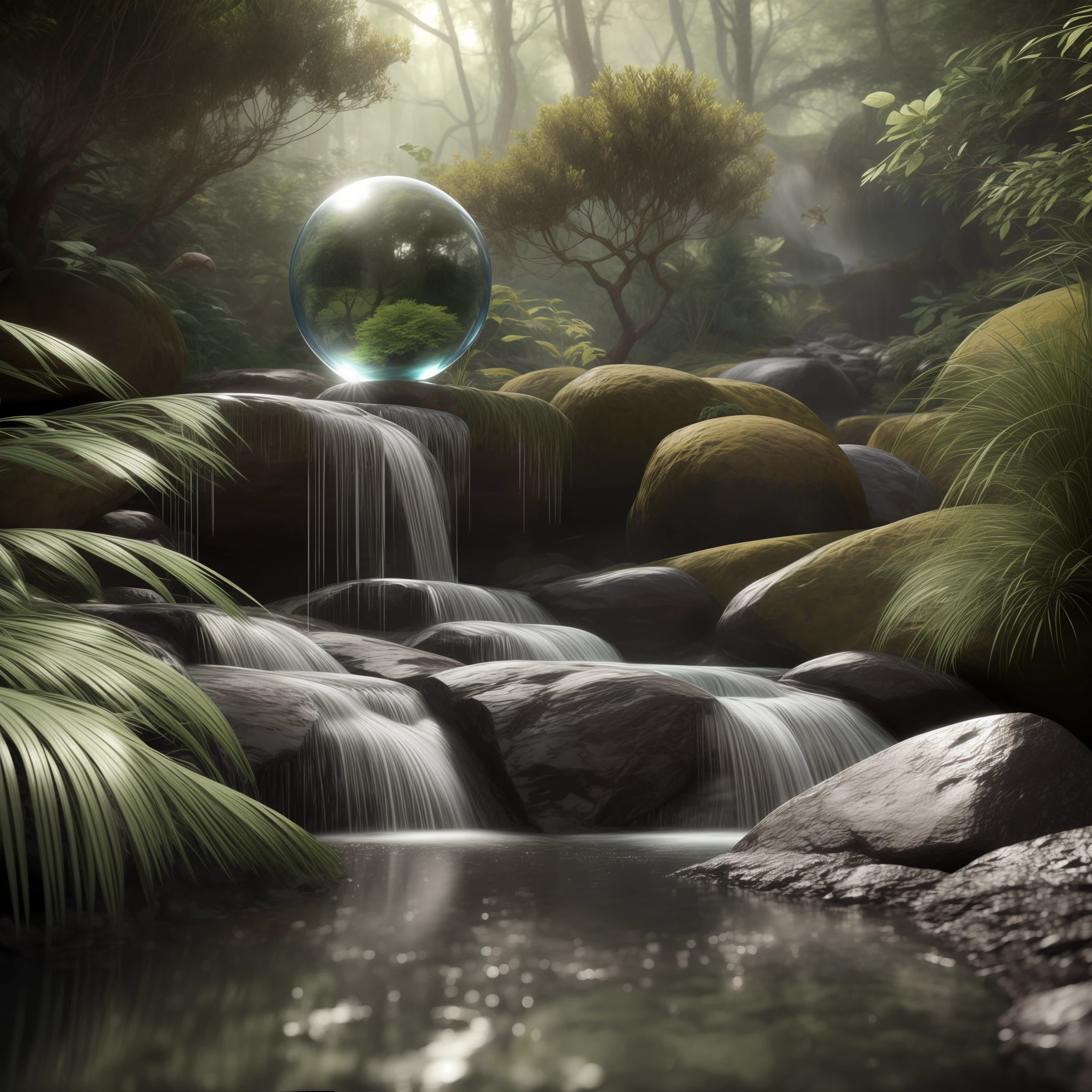 a beautiful alien landscape with strange life forms and waterfall, high realistic high detailed painting, highly detailed nvidea-rtx 4000 render of a glass sphere ,path tracing ,reflective lighting,