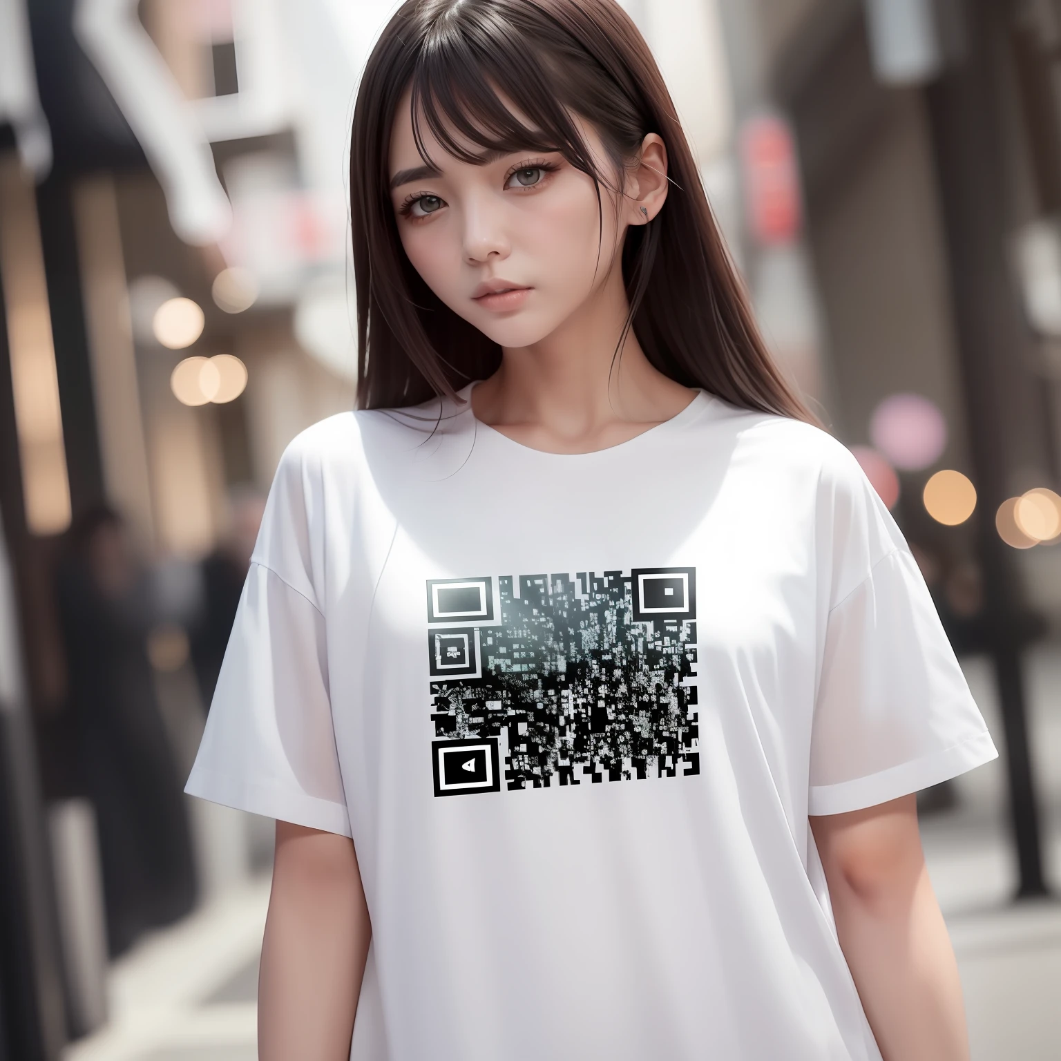 arafed woman wearing a white shirt with a qr code on it, official product image, digital fashion, perfect android girl, chinese girl, clothes from the future, high quality scan, e-girl, e - girl, wearing cyberpunk streetwear, yanjun chengt, cybertech wear, cyber style, guweiz, futuristic clothing