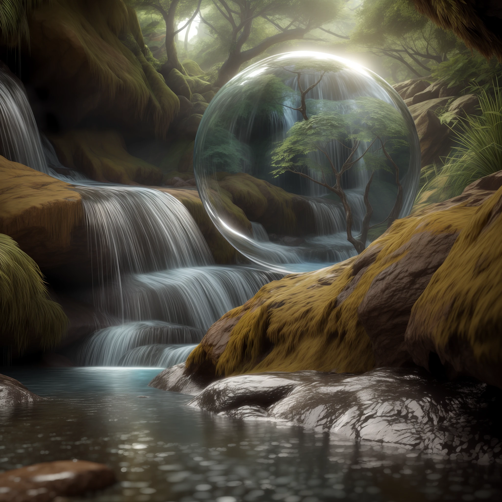 a beautiful alien landscape with strange life forms and waterfall, high realistic high detailed painting, highly detailed nvidea-rtx 4000 render of a glass sphere ,path tracing ,reflective lighting,