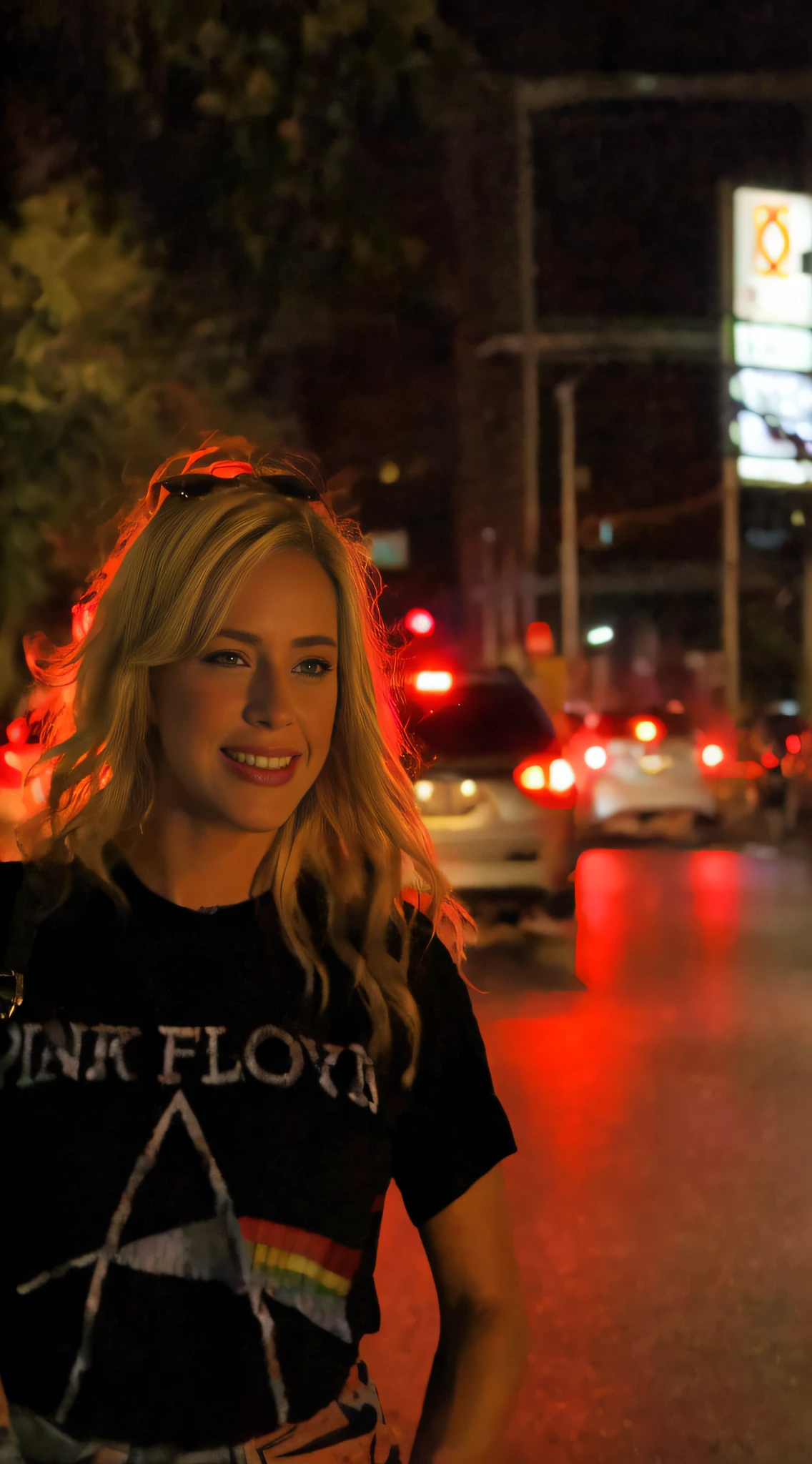 blond woman standing on the side of the road at night, street pic, katey truhn, in a las vegas street, night shot, profile shot, alana fletcher, by Dan Frazier, poster shot, slightly blurred, blonde, non blurry, on a street at night, adi meyers, sitting down, taken with a pentax k1000, slightly blurry