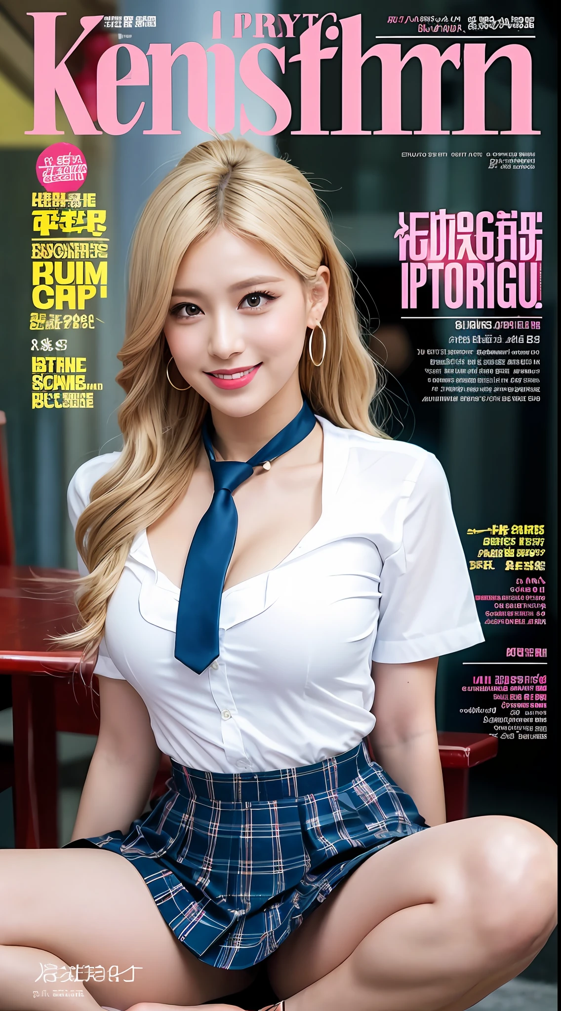 Masterpiece, Best, Full Body: 1.2, Big Breasts, Exposed Breasts, Bare Legs 1girl, Bangs, Black Choker, Black Tie, Blonde, Blue Skirt, Blush, Bracelet, Beautiful Breasts, Choker, Waist Dress, Collarbone, Collared Shirt, Denim Photos, Dress Shirts, Ear Piercings, Eyebrows Visible Through Hair, Gradient Hair, Grinning, Gyaru, Jewelry, Kogal, Long Hair, Looking at the Audience, Loose Ties, Ties, Piercings, Plaid Skirts, Plaid Skirts, Pleated Skirts, Red Eyes, Rings, School Uniforms, shirt, skirt, smile, solo, white shirt, street, sky, cherry blossoms, petals, illustrations, (magazine: 1.3), (cover style: 1.3), fashion, woman, vibrant, dress, pose, front, colorful, dynamic, background, element, confident, expressive, holding, statement, attachment, majestic, coiled, around, touch, scene, text, cover, bold, eye-catching, title, fashion, font, catchy, title, bigger, eye-catching, modern, stylish, focused, stylish,