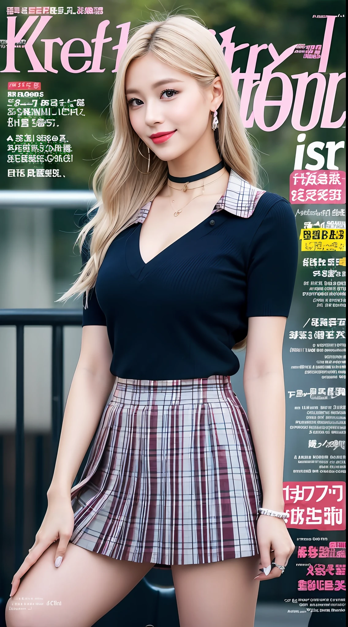 Masterpiece, Best, Full Body: 1.2, Big Breasts, Exposed Breasts, Bare Legs 1girl, Bangs, Black Choker, Black Tie, Blonde, Blue Skirt, Blush, Bracelet, Beautiful Breasts, Choker, Waist Dress, Collarbone, Collared Shirt, Denim Photos, Dress Shirts, Ear Piercings, Eyebrows Visible Through Hair, Gradient Hair, Grinning, Gyaru, Jewelry, Kogal, Long Hair, Looking at the Audience, Loose Ties, Ties, Piercings, Plaid Skirts, Plaid Skirts, Pleated Skirts, Red Eyes, Rings, School Uniforms, shirt, skirt, smile, solo, white shirt, street, sky, cherry blossoms, petals, illustrations, (magazine: 1.3), (cover style: 1.3), fashion, woman, vibrant, dress, pose, front, colorful, dynamic, background, element, confident, expressive, holding, statement, attachment, majestic, coiled, around, touch, scene, text, cover, bold, eye-catching, title, fashion, font, catchy, title, bigger, eye-catching, modern, stylish, focused, stylish,
