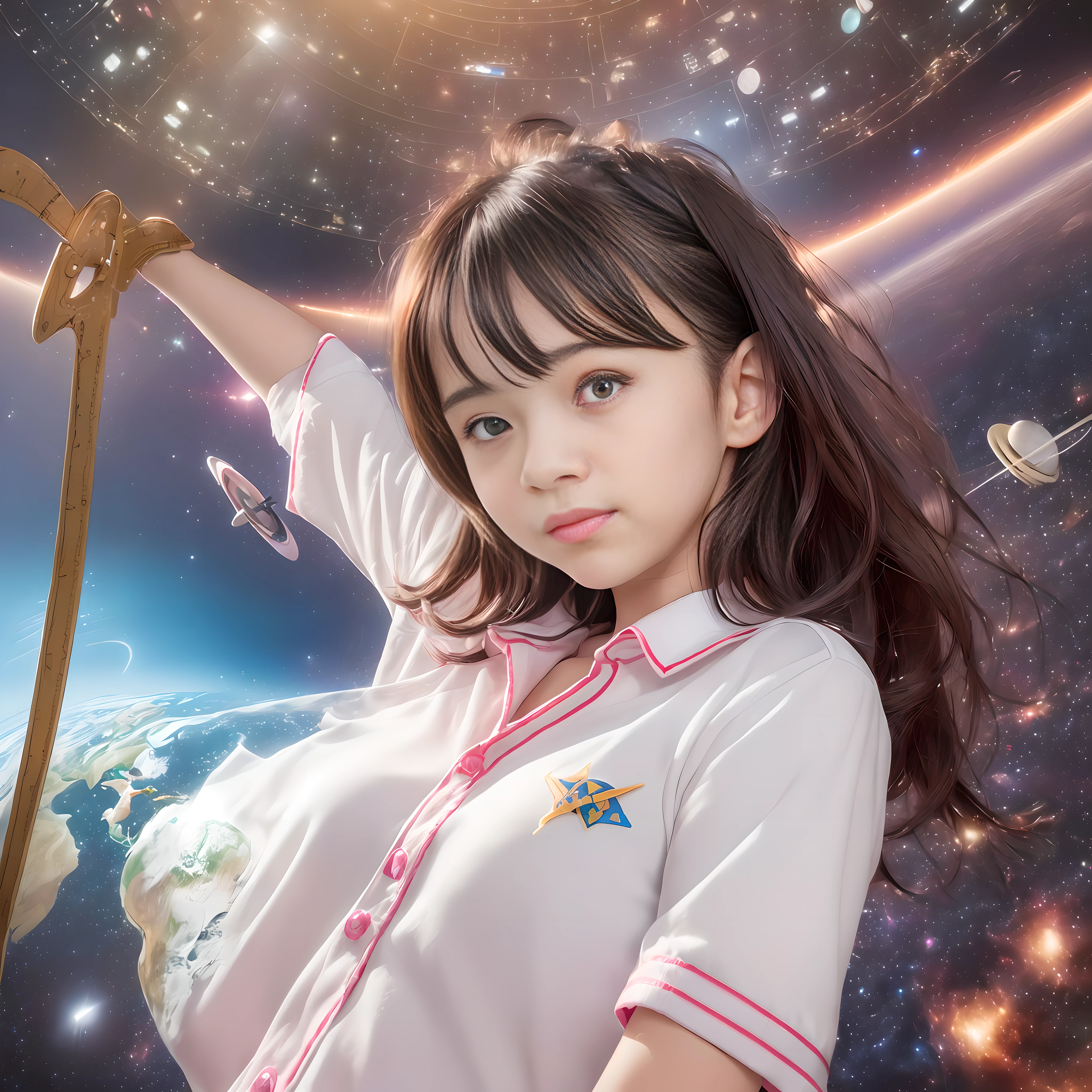 (1girl:1.4),(kawaii :1.2),(japanese loli face:1.4),(flat chest:1.2),(disheveled hair:1.2),(wearing school uniform:1.6),
(flat chest:1.1),smile,
(Aerial Flying pose in the outer space:1.4),
(photo realistic:1.3),(high detailed:1.4),Earth,
cinematic lighting,(depth of field:0.8),