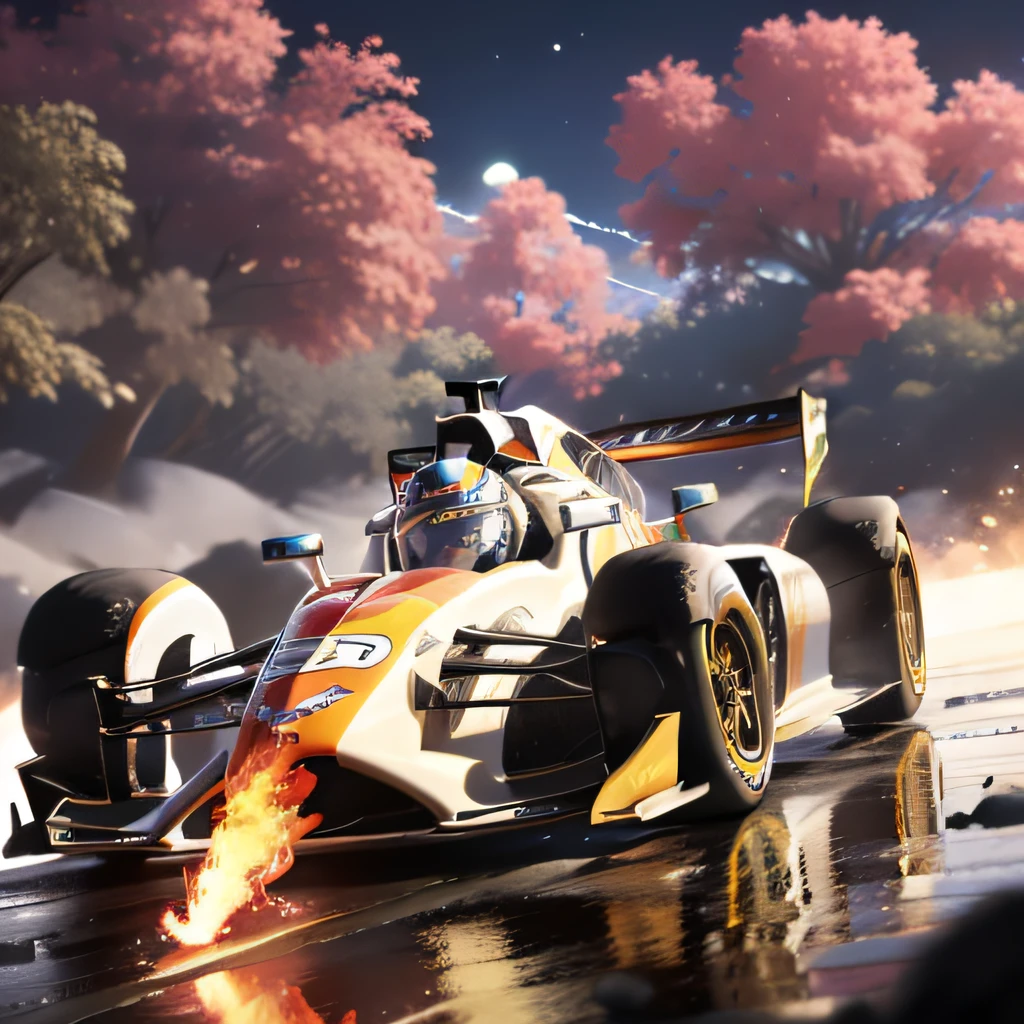 Racing car, ((with a bright red phoenix icon on the hood)), (with two rocket engines behind it and spewing blue flames), (expressing the surrounding scenery flowing at explosive speed)