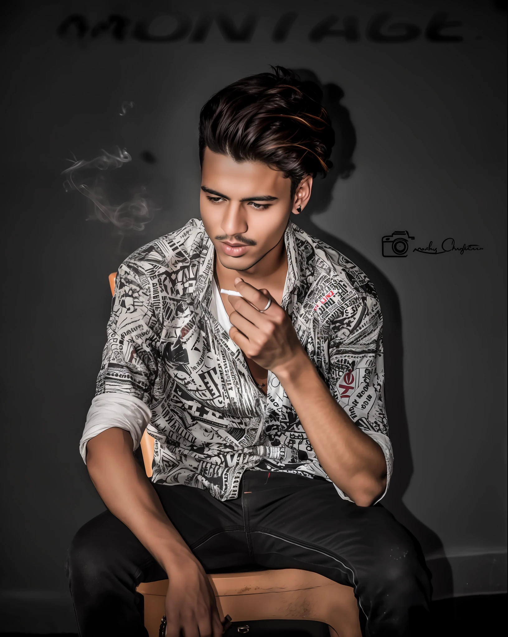 arafed man sitting on a chair smoking a cigarette, dramatic smoking pose, casual photography, modeling shoot, mohamed chahin style, candid!! dark background, * colour splash *, smoking, he is smoking a cigarette, with cigar, taken with canon 5d mk4, captured on canon eos r 6, modeling photography, shot on canon eos r5