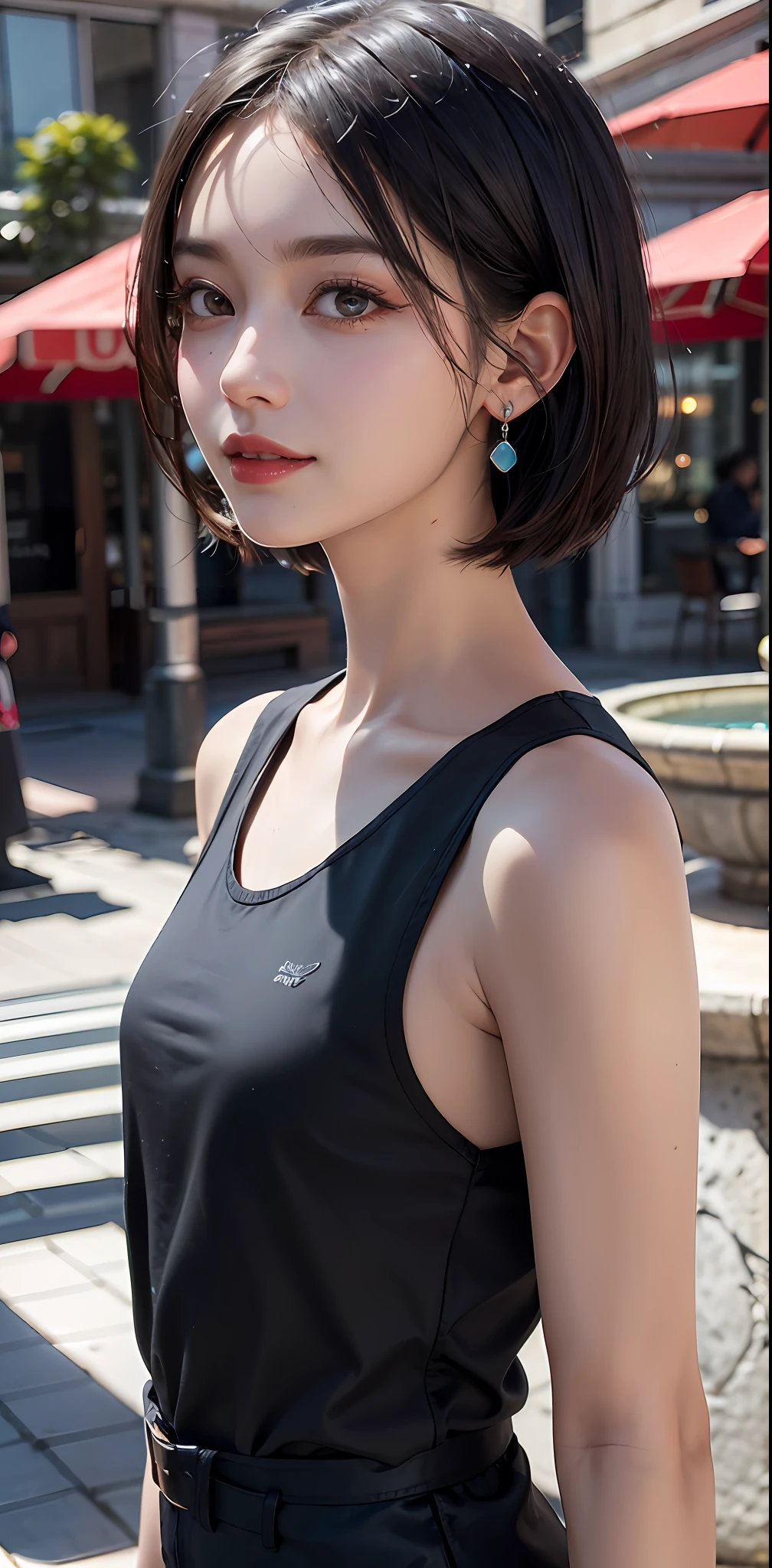 (8k, RAW photos, super high quality, super detailed CG Unity 8k wallpaper, masterpiece: 1.2), one girl, 3D,looking at the viewer with affectionately,smile, The depth of field in the photo was perfect, and the lens flare added a nice touch.super beautiful detailed eyes, accurate shiny iris depiction, pupils are black and abyss, water-based humor shine, ultra-detailed eyelashes, Very slightly black-rimmed iris,beautiful hair ultra-detailed hairs,precise shading of hair, Delicate hair tips,professional make-up,ultra-detailed lip,Accurately depicted lip wrinkles,Beautiful glossy lips,wearing small jewelry earrings, short hair, (Slightly sweaty skin:0.8),blue colored sleeveless clothing, the precision of the shadows created on the clothes, chiaroscuro, realistic, fashionable Cafe terrace with many antique accessories ,Nearby fountain