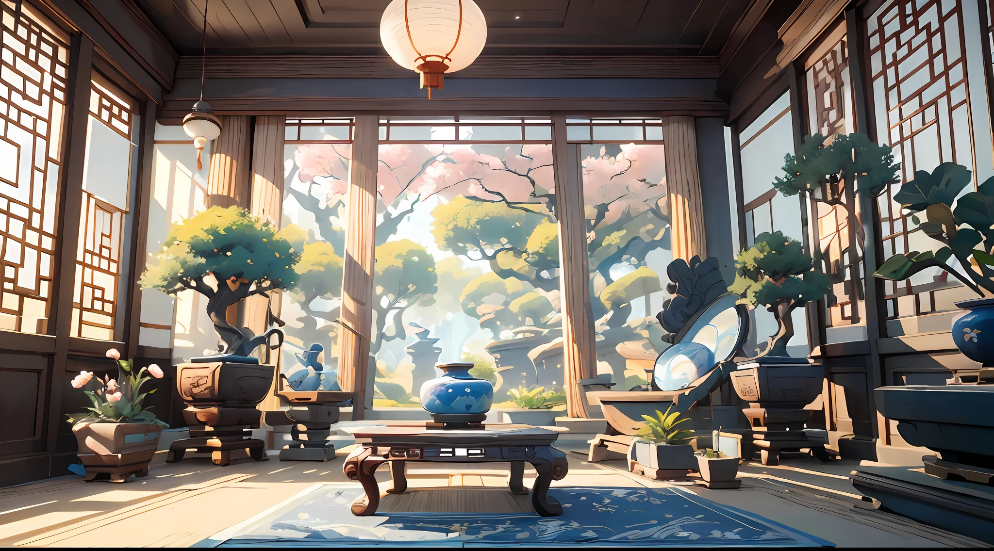 (antique interior design), Chinese home furnishings, round porch, depth, symmetrical design, ((carved beam painting, table and chair, bonsai, vase, porcelain, trees, flowers, Chinese lamps, embroidery, screens, beds, cushions, openwork sand curtains)), exquisite home, rich details, ancient Chinese Ming dynasty style, quiet and elegant atmosphere, cold colors as the keynote, exquisite and soft painting style, cinematic lighting effects, high-definition picture quality, soft light, tyndall effect, dreamy, rich details, reference Gu Kaizhi, 32k, high quality, high resolution, (very detailed CG unity 8k wallpaper)