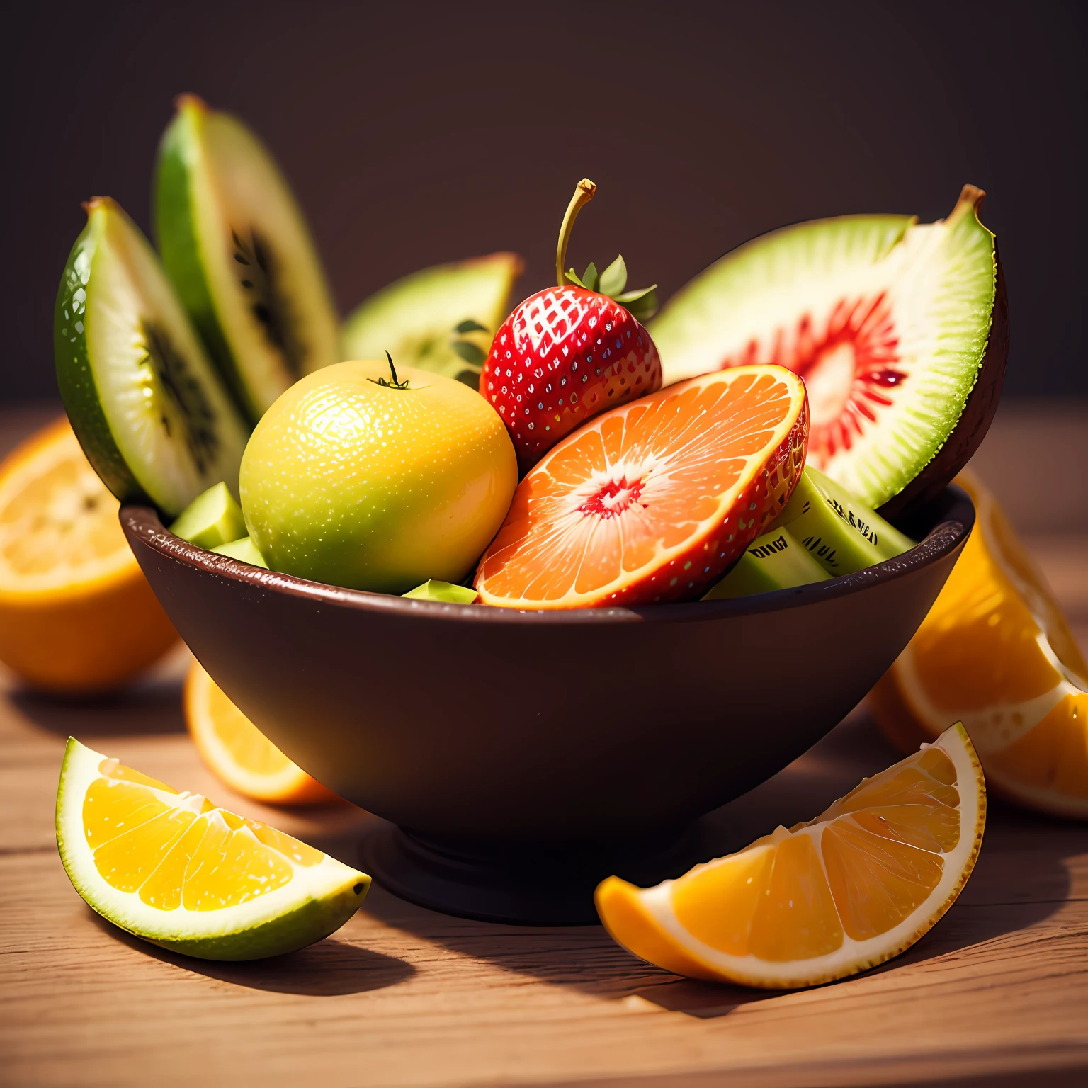 fruit, orange, kiwi, strawberry, banana, detailed background, intricate --auto