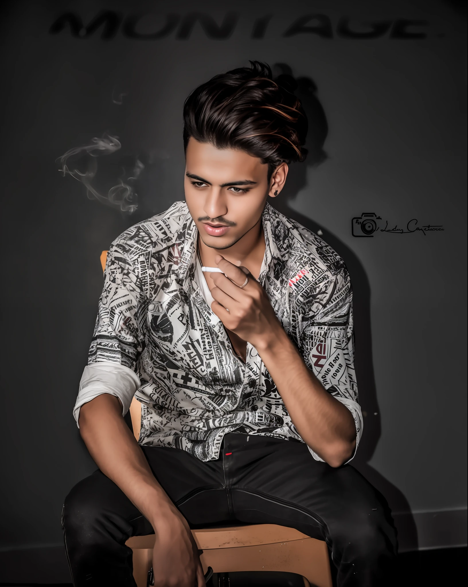 arafed man sitting on a chair smoking a cigarette, dramatic smoking pose, casual photography, modeling shoot, mohamed chahin style, candid!! dark background, * colour splash *, smoking, he is smoking a cigarette, with cigar, taken with canon 5d mk4, captured on canon eos r 6, modeling photography, shot on canon eos r5