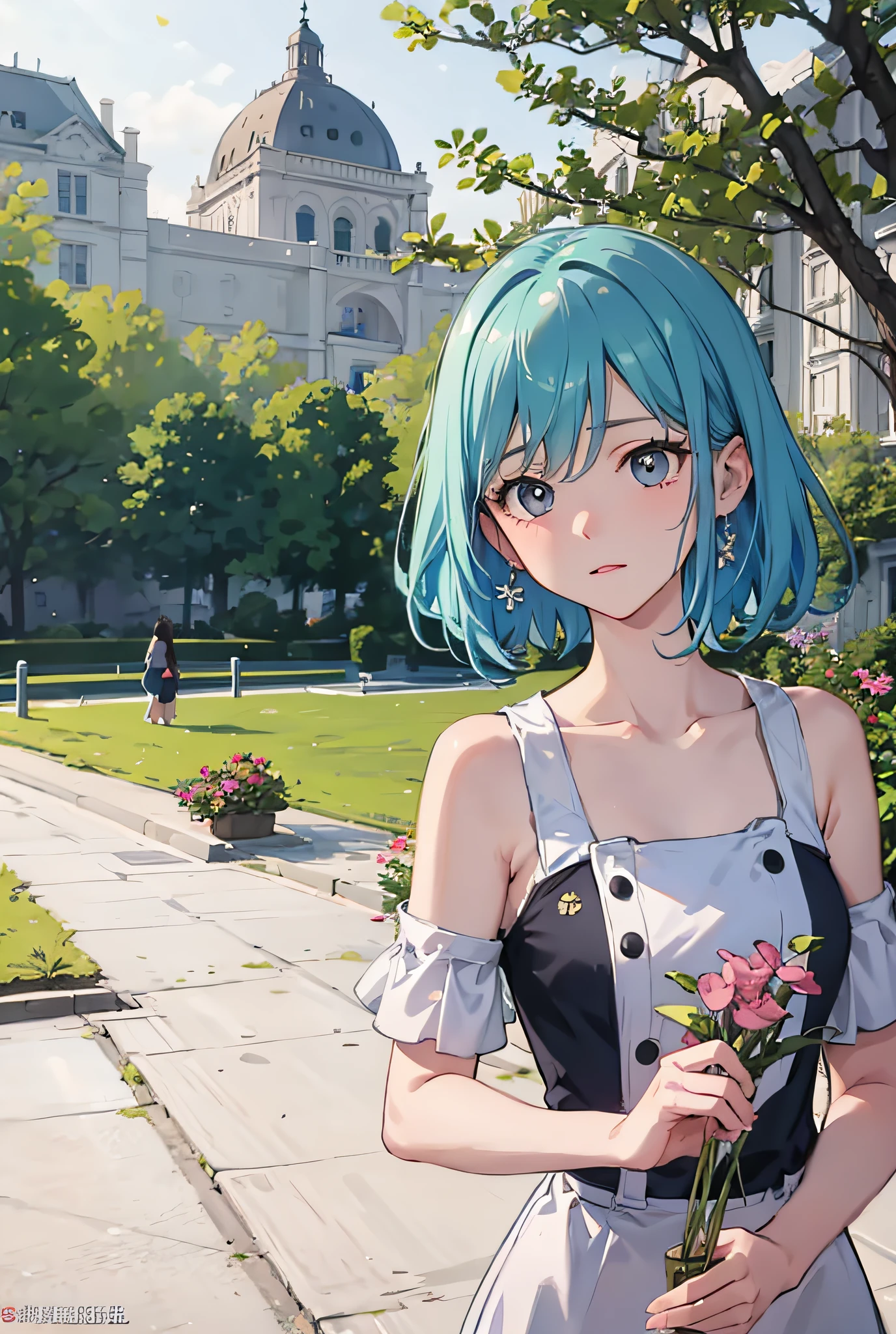 8K, (Masterpiece, Top Quality, Best Quality, Official Art, Beauty and Aesthetics: 1.2), Extremely Detailed, Colorful, Supreme Detail, There is a Woman in the Park, Short Hair, A Lovely Young Woman, High Quality Portrait, f/1. 9 6.8 1 mm ISO 4 0, holding flowers, Chen Xintong, Loepfe portrait, dim, darkness, despair, pity, pitiful, movie, bare shoulders,