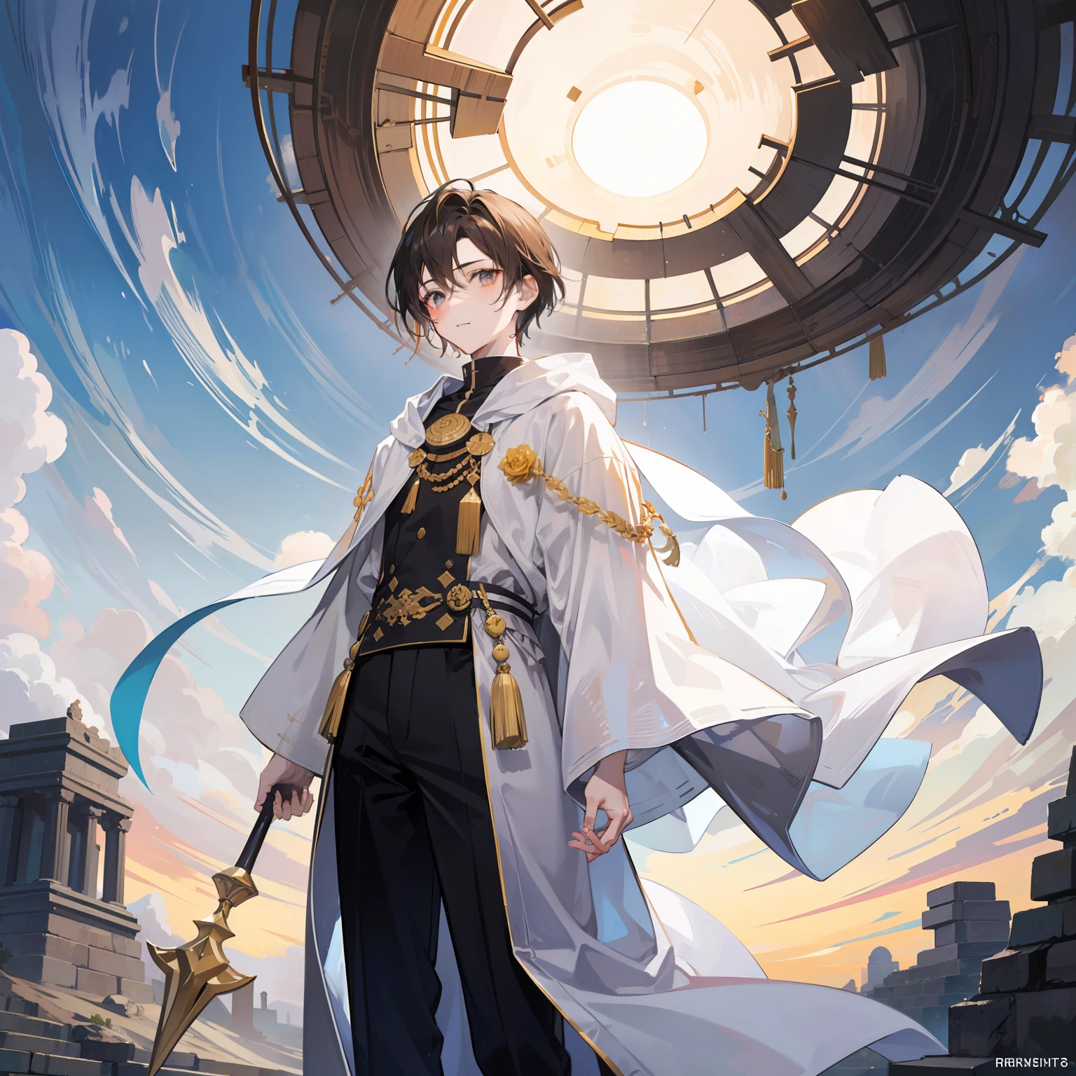 A boy about sixteen years old, with short dark brown hair, blond eyes, ancient white robes, and a white hood, stood in the sun, holding a classical, desert, cheerful