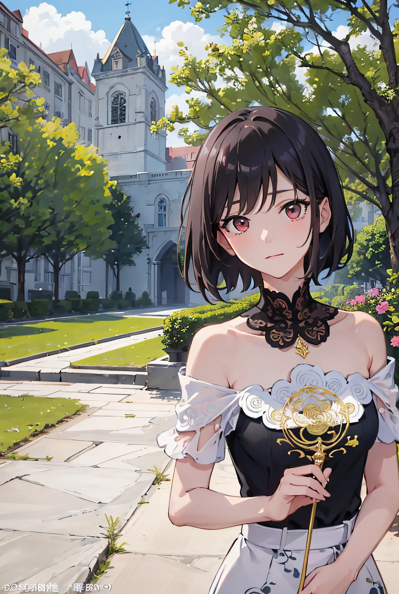 8K, (Masterpiece, Top Quality, Best Quality, Official Art, Beauty and Aesthetics: 1.2), Extremely Detailed, Colorful, Supreme Detail, There is a Woman in the Park, Short Hair, A Lovely Young Woman, High Quality Portrait, f/1. 9 6.8 1 mm ISO 4 0, Flowers Handheld, Chen Xintong, Loepfe Portrait, Dim, Dark, Despair, Mercy, Pitiful, Movie, ( Torn Clothes: 1.5), (zentangle, mandala, tangled, entangled), holy light, gold leaf, gold leaf art, flash map, PerfectNwsjMajic, bare shoulders,