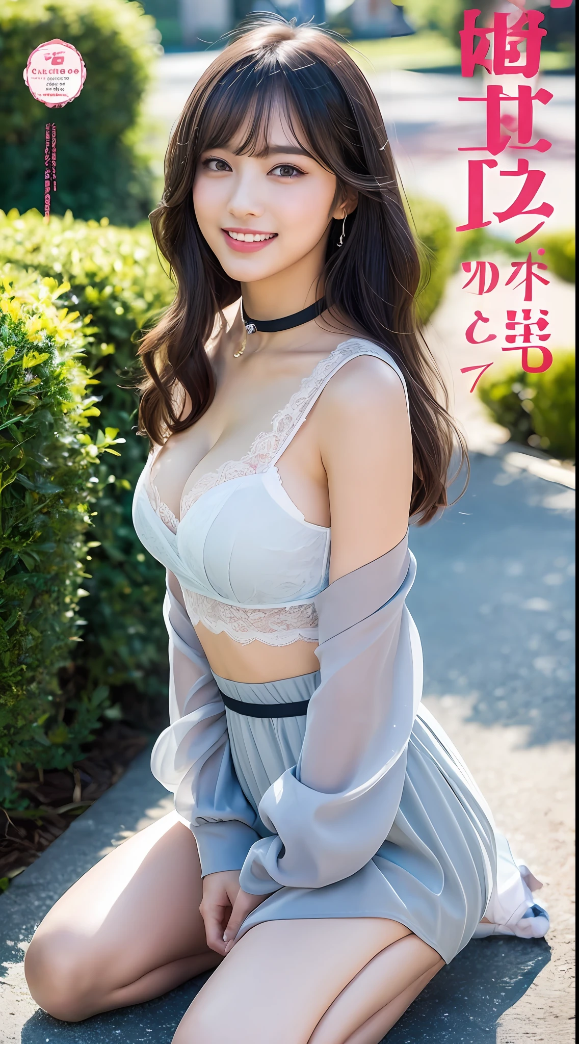 (Little girl: 1.5), lace, ribbon, hanfu, big breasts, (masterpiece, side light, delicate beautiful gray eyes: 1.2), masterpiece, realistic, glowing eyes, shiny hair, black hair, long hair, shiny skin, solo, embarrassing, bandeau, delicate, beautiful, garden, flowers, fluttering petals, masterpiece, superlative, full body: 1.2, big breasts, bare breasts, bare legs, 1girl, bangs, black choker, blush, bracelet, beautiful breasts, choker, collarbone, eyebrows visible through hair, gradient hair, grin, gyaru, jewelry, kogal, long hair, looking at the audience, piercing, red eyes, smile, solo, street, sky, cherry blossoms, petals, Illustrations, (Magazine: 1.3), (Cover Style: 1.3), Fashion, Woman, Vibrant, Attire, Pose, Front, Colorful, Dynamic, Background, Element, Confident, Expressive, Hold, Statement, Attachment, Majestic, Coiled, Surround, Touch, Scene, Text, Cover, Bold, Eye-catching, Title, Fashion, Font, Catchy, Title, Bigger, Striking, Modern, Stylish, Focused, Stylish,