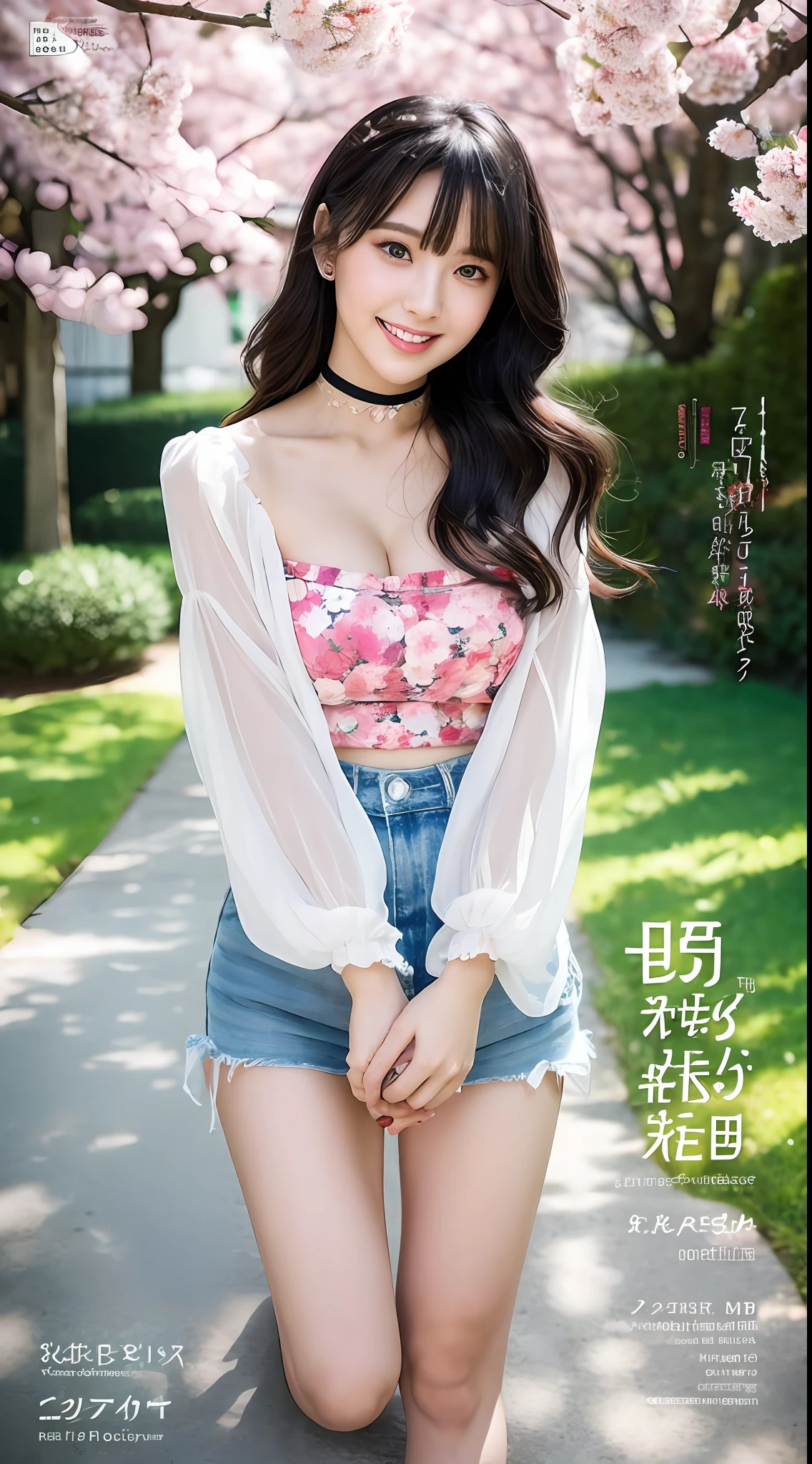 (: 1.5), lace, ribbon, hanfu, big breasts, (masterpiece, side light, delicate beautiful gray eyes: 1.2), masterpiece, realistic, glowing eyes, shiny hair, black hair, long hair, shiny skin, solo, embarrassing, bandeau, delicate, beautiful, garden, flowers, fluttering petals, masterpiece, superlative, full body: 1.2, big breasts, bare breasts, bare legs, 1girl, bangs, black choker, blush, bracelet, beautiful breasts, choker, collarbone, eyebrows visible through hair, gradient hair, grin, gyaru, jewelry, kogal, long hair, looking at the audience, piercing, red eyes, smile, solo, street, sky, cherry blossoms, petals, Illustrations, (Magazine: 1.3), (Cover Style: 1.3), Fashion, Woman, Vibrant, Attire, Pose, Front, Colorful, Dynamic, Background, Element, Confident, Expressive, Hold, Statement, Attachment, Majestic, Coiled, Surround, Touch, Scene, Text, Cover, Bold, Eye-catching, Title, Fashion, Font, Catchy, Title, Bigger, Striking, Modern, Stylish, Focused, Stylish,