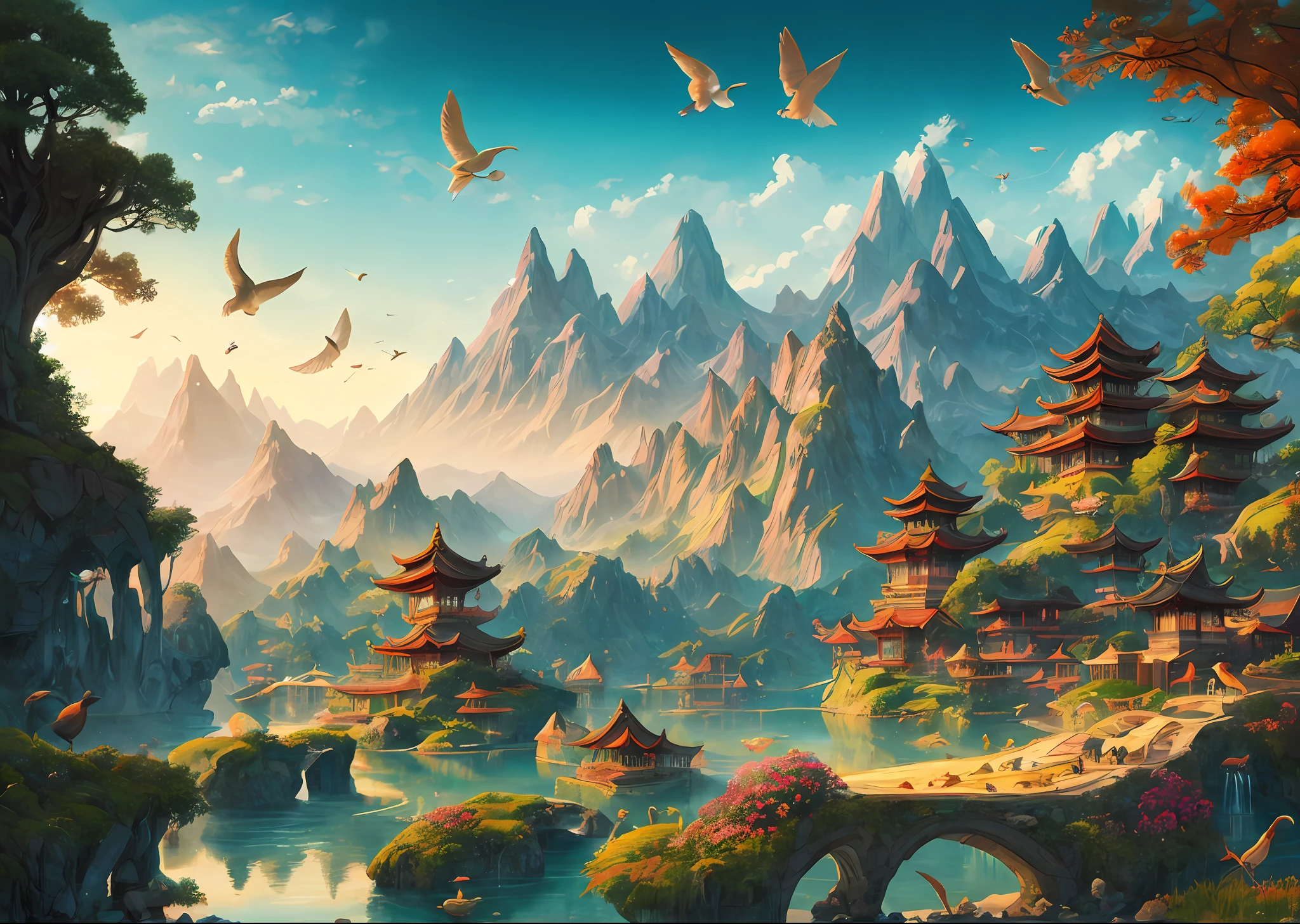 an image of an asian landscape with mountains and birds in the air, in the style of fantastical otherworldly visions, light cyan and gold, intricately mapped worlds, hyperrealistic illustrations, romanticized cityscapes, detailed character illustrations, organic shapes and curved lines, --auto --v6
