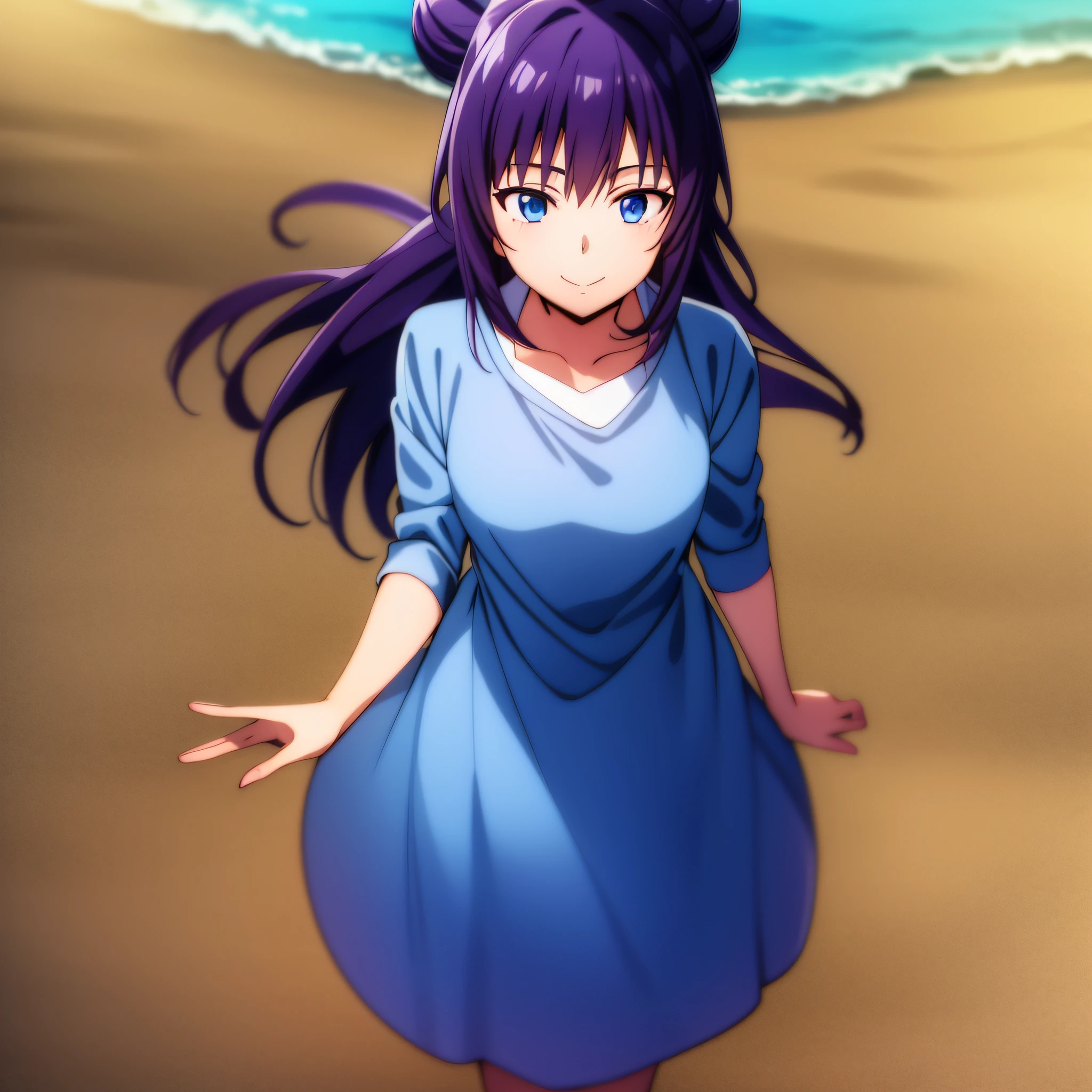 Tycia oldin on the beach, pink sweater, blue skirt, happy, from top view, POV, anime screencap