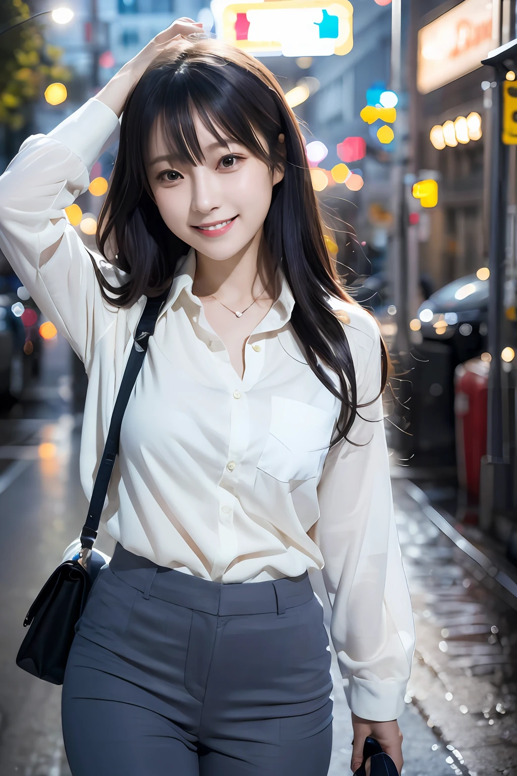 (8k, RAW photo, ultra high res, best quality, masterpiece:1.2), (realistic illustration), (extremely detailed CG unity 8k wallpaper), absurdres,
1 girl,21 yo, beautiful face,black medium hair,smile,tilting head,grin,slim fit pants,gray seifuku、乃木坂アイドル、女優、韓国アイドル
