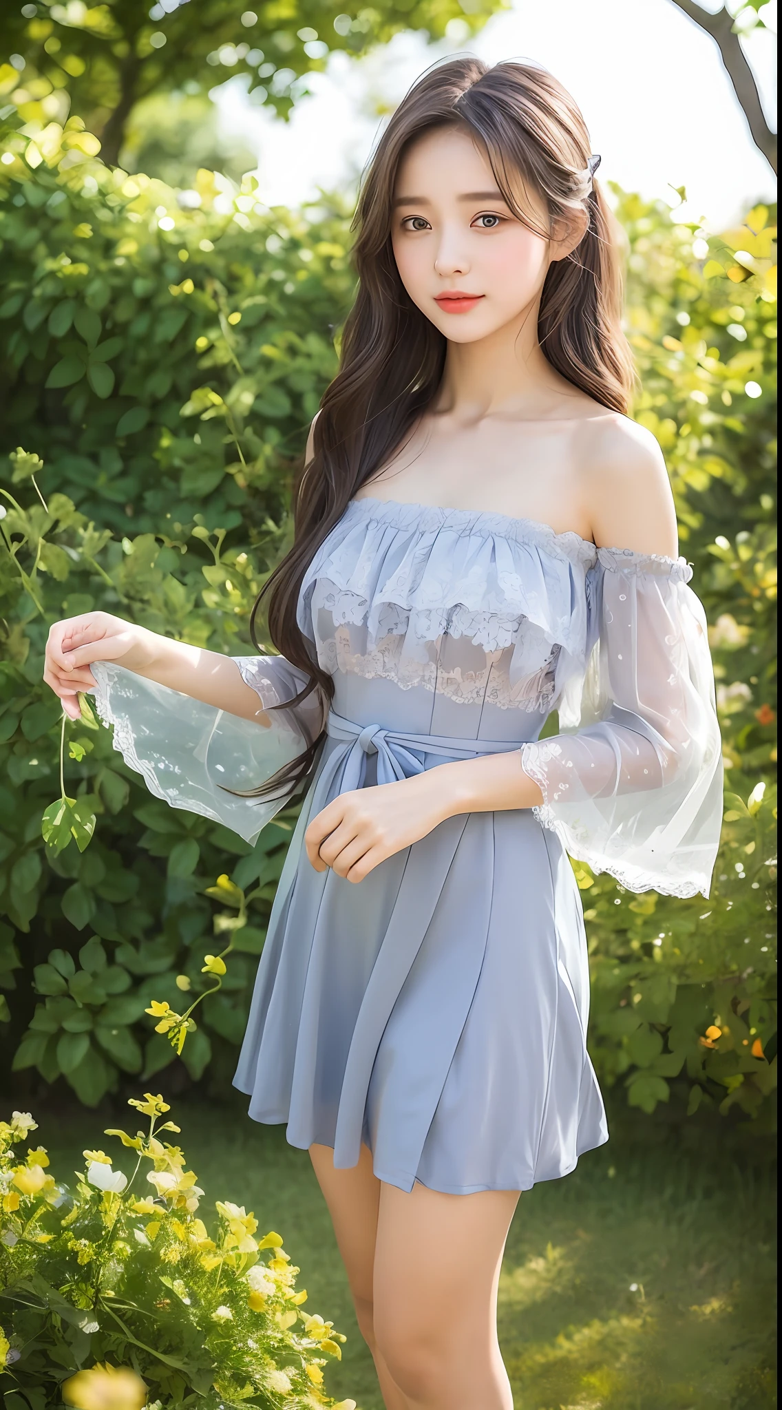 (Little Girl: 1.5), Lace, Ribbon, Hanfu, Big Breast, Exposed Chest, Full Body, (Masterpiece, Side Light, Delicately Beautiful Gray Eyes: 1.2), Masterpiece, Realism, Glowing Eyes, Shiny Hair, Brunette Hair, Long Hair, Shiny Skin, Solo, Embarrassment, Bandeau, Delicate, Beautiful, Garden, Flowers, Fluttering Petals,