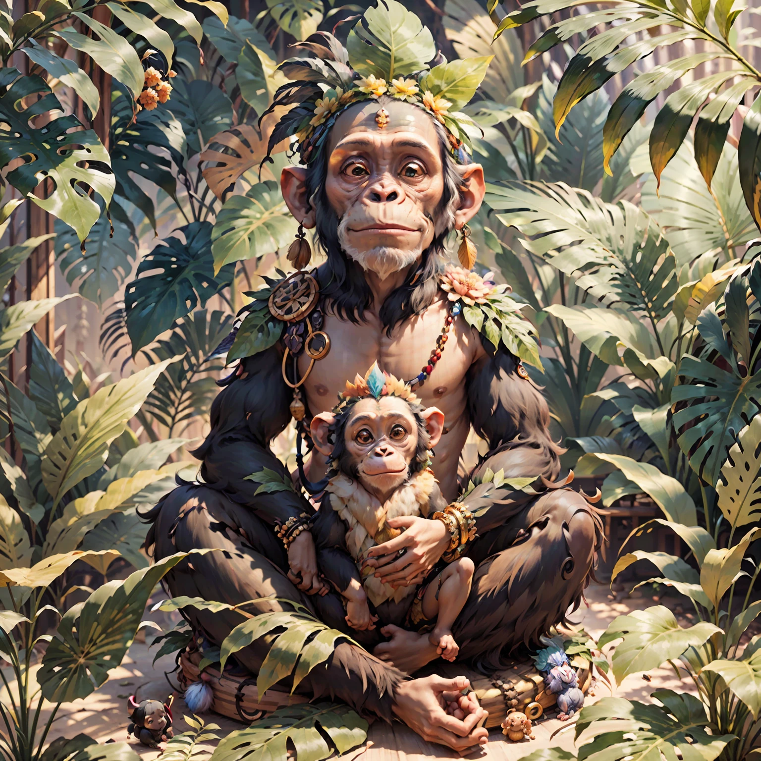 Chimpanzee cub with indigenous headdress on head, ((meditating)) large colored feathers, facing the camera, detail: sitting in the middle of dense tropical foliage, highly detailed intricate, ((masterpiece)), ultra hyperrealistic, masterpiece