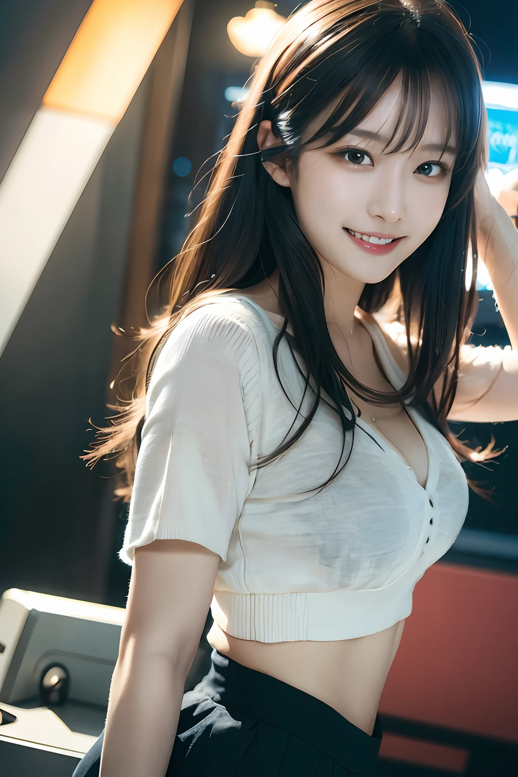 (8k, RAW photo, ultra high res, best quality, masterpiece:1.2), (realistic illustration), (extremely detailed CG unity 8k wallpaper), absurdres,
1 girl,21 yo, beautiful face,black medium hair,smile,tilting head,grin,slim fit pants,gray seifuku、乃木坂アイドル、女優、韓国アイドル
