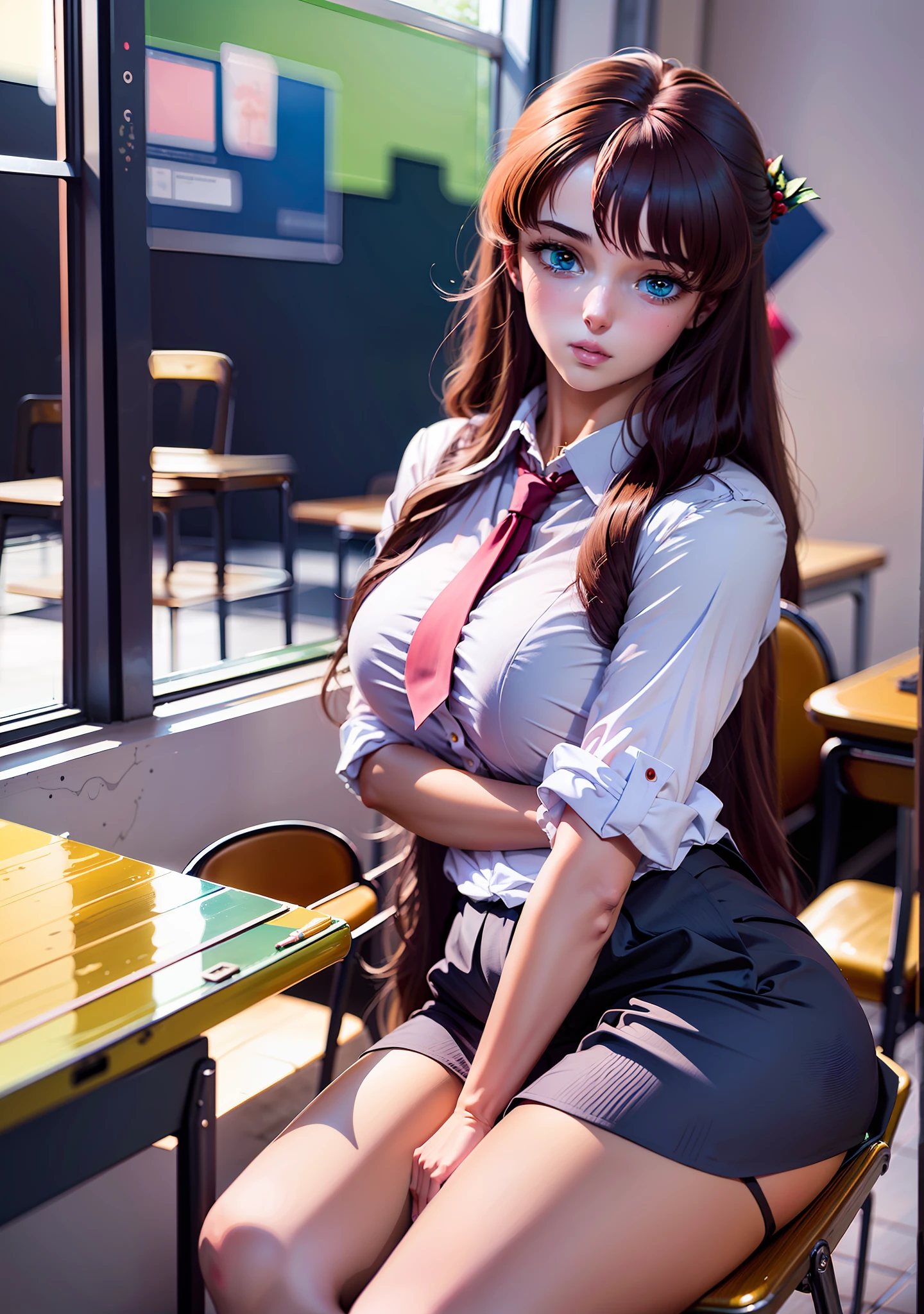 (anime, masterpiece, highres, best quality, ultra detailed, detailed background: 1.2), 1girl, long hair, pale skin, large sagging breasts, school uniform, red tie, blue skirt, classroom, spectator from the front, sitting, chest rest on the table, wet clothes, wet shirt, pink bra, flustered, full face blush,ulzzang (PureErosFace_V1:0.7)