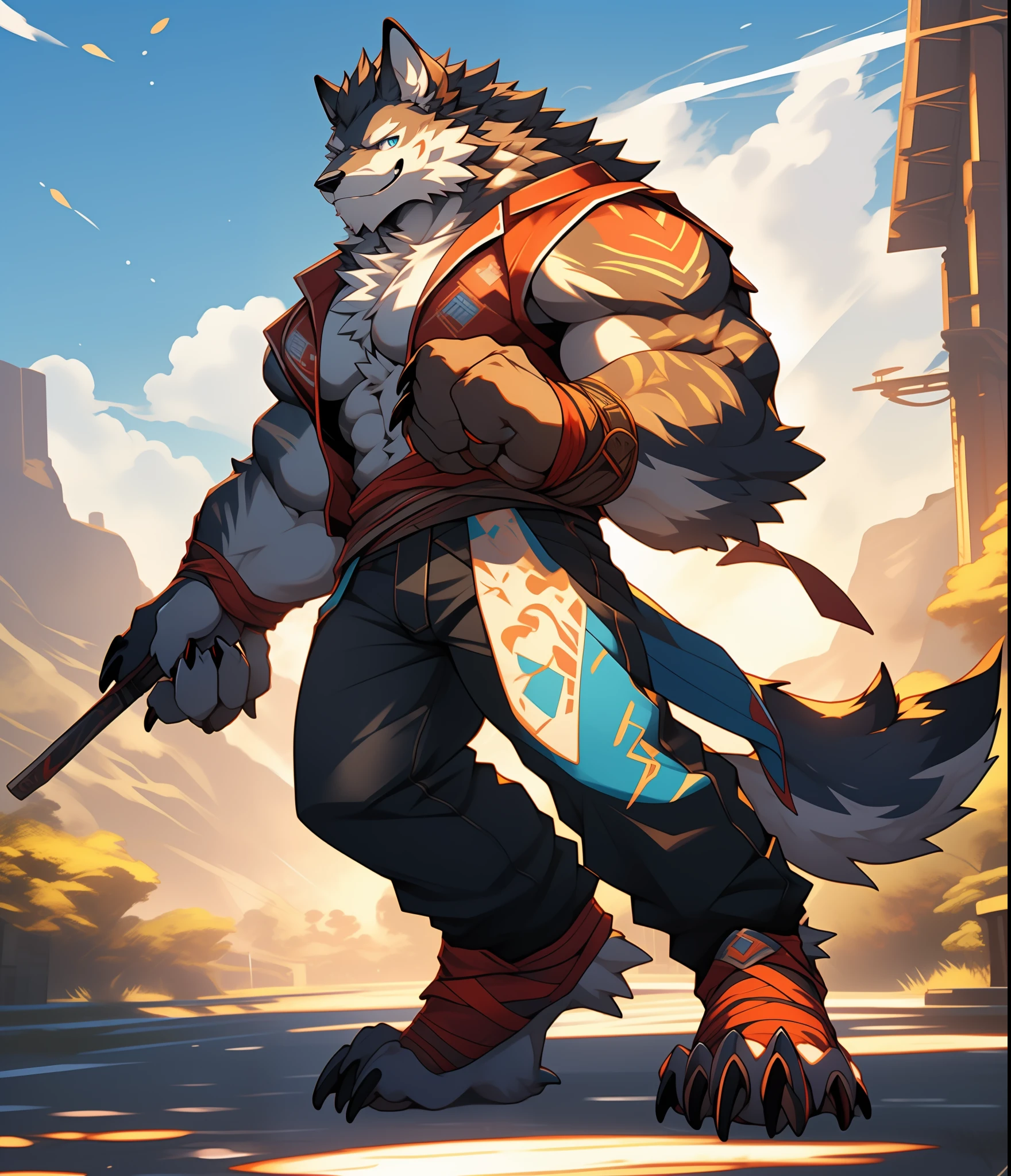 Furry muscular werewolf male in pants, furry art, muscular werewolf, high resolution committee, full body committee, furry anime, flesh art council, furry flsona, gorgeous werewolf flsona, furry, furry art, smile, sharp claws, two legs, human wolf, as characters in Tekken, furry characters, fleur art