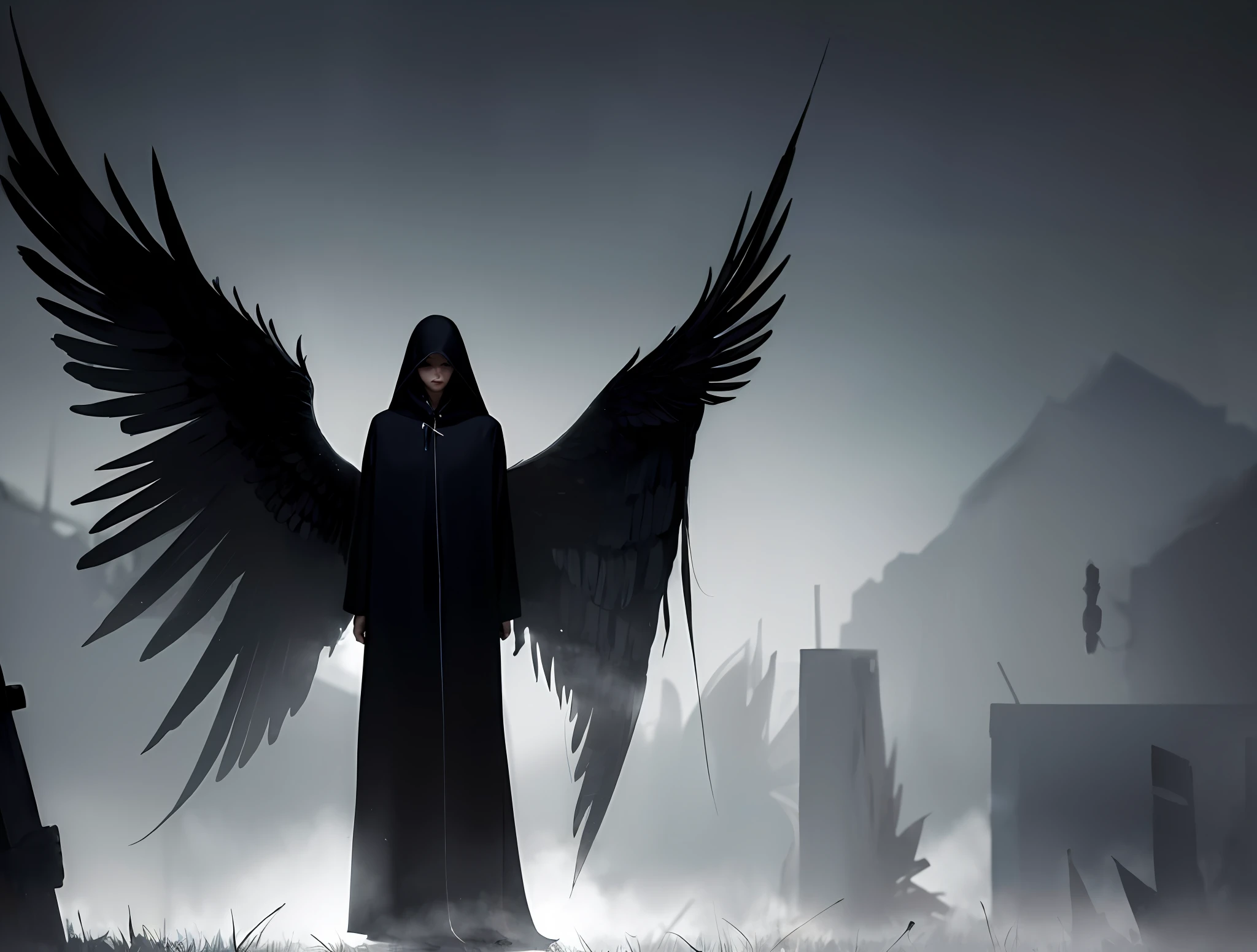 A fallen angel, cloaked in tattered cloaks, embodies a sense of desolation, darkness and oppression. Their aura is broken, symbolizing their loss of divinity. Shoot full-body shots that emphasize the angel's messy appearance, dirty and unkempt hair, sad side silhouette and torn wings. The broken swords that highlight their bloodstained represent their fall from favor and the battles they fought. Envelop the angels with a vague and ethereal ghostly effect that enhances the atmosphere of silence and silence. The scene was drenched in darkness with minimal light, exacerbating the sense of isolation. Photography, using dramatic lighting and wide-angle shots to emphasize the presence of fallen angels and the emotional depth of the composition. Stand the sword on the ground and take a full picture
