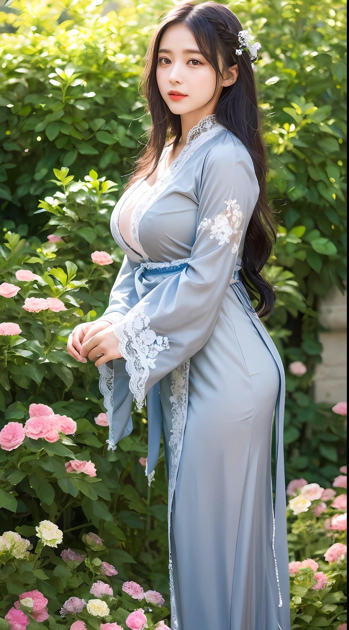 (: 1.5), lace, ribbon, hanfu, big breasts, open breasts: 1.2, bare legs, full body, (masterpiece, side light, delicately beautiful gray eyes: 1.2), masterpiece, realistic, glowing eyes, shiny hair, black hair, long hair, shiny skin, solo, embarrassment, bandeau, delicate, beautiful, garden, flowers, fluttering petals,