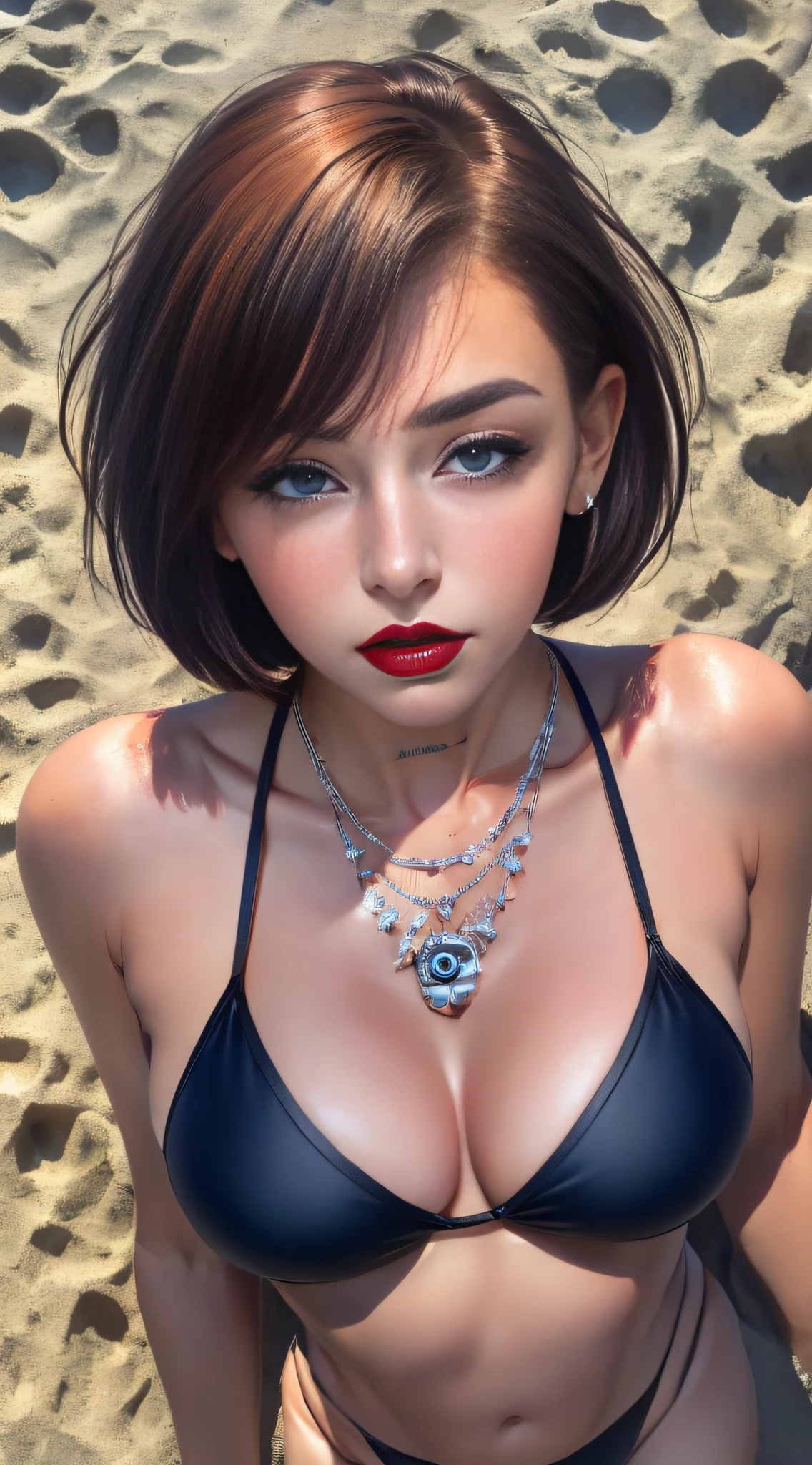((masterpiece, Best quality, 8k, 32k, masterpiece, UHD: 1.2)), photo of a beautiful American girl, lovely red lips, very short bob hair, upper body, facial focus, bikini, skull necklace, beach background, from above, looking at the viewer, half-open eyes, too beautiful, fair skin, clean skin,