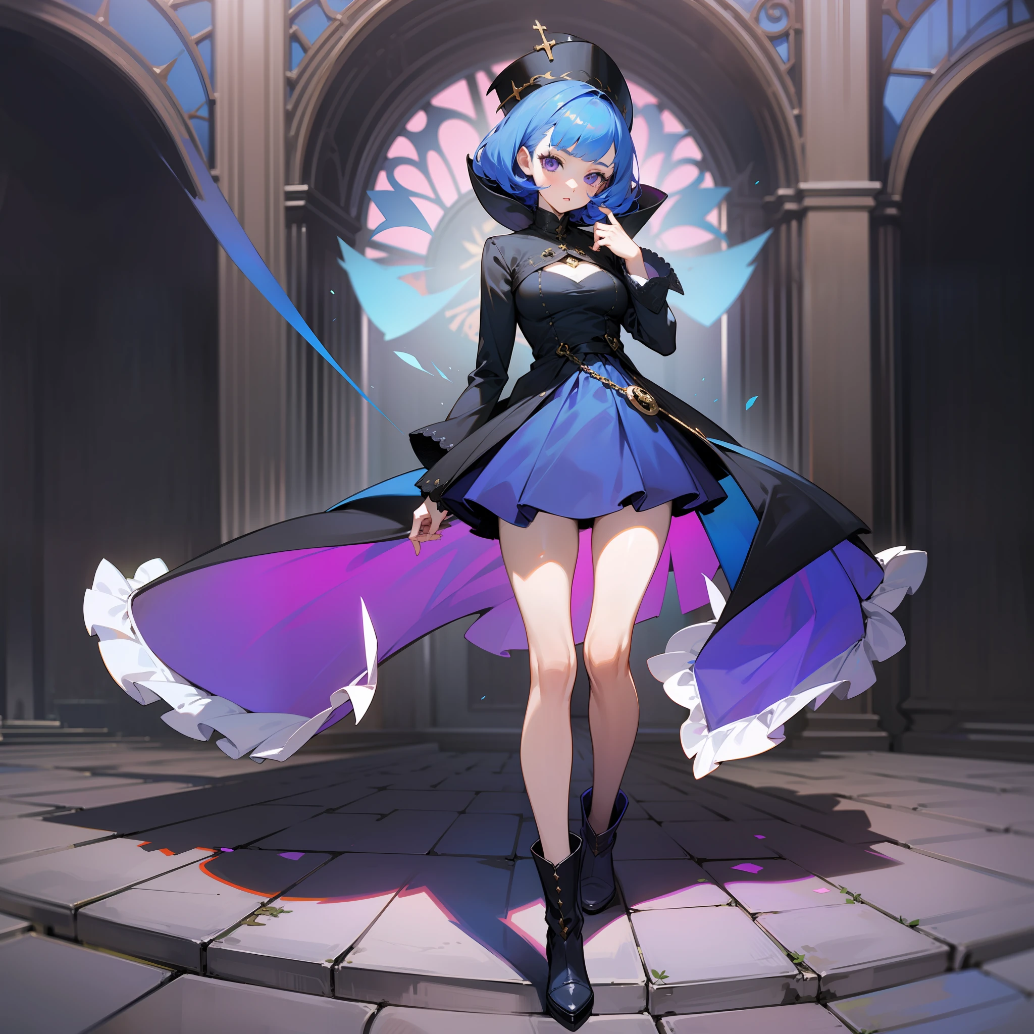 persona 5 style, 1 girl, loli, full body, medieval fantasy, priest, stand, blue hair, deep blue clothes, purple eyes, medium breasts