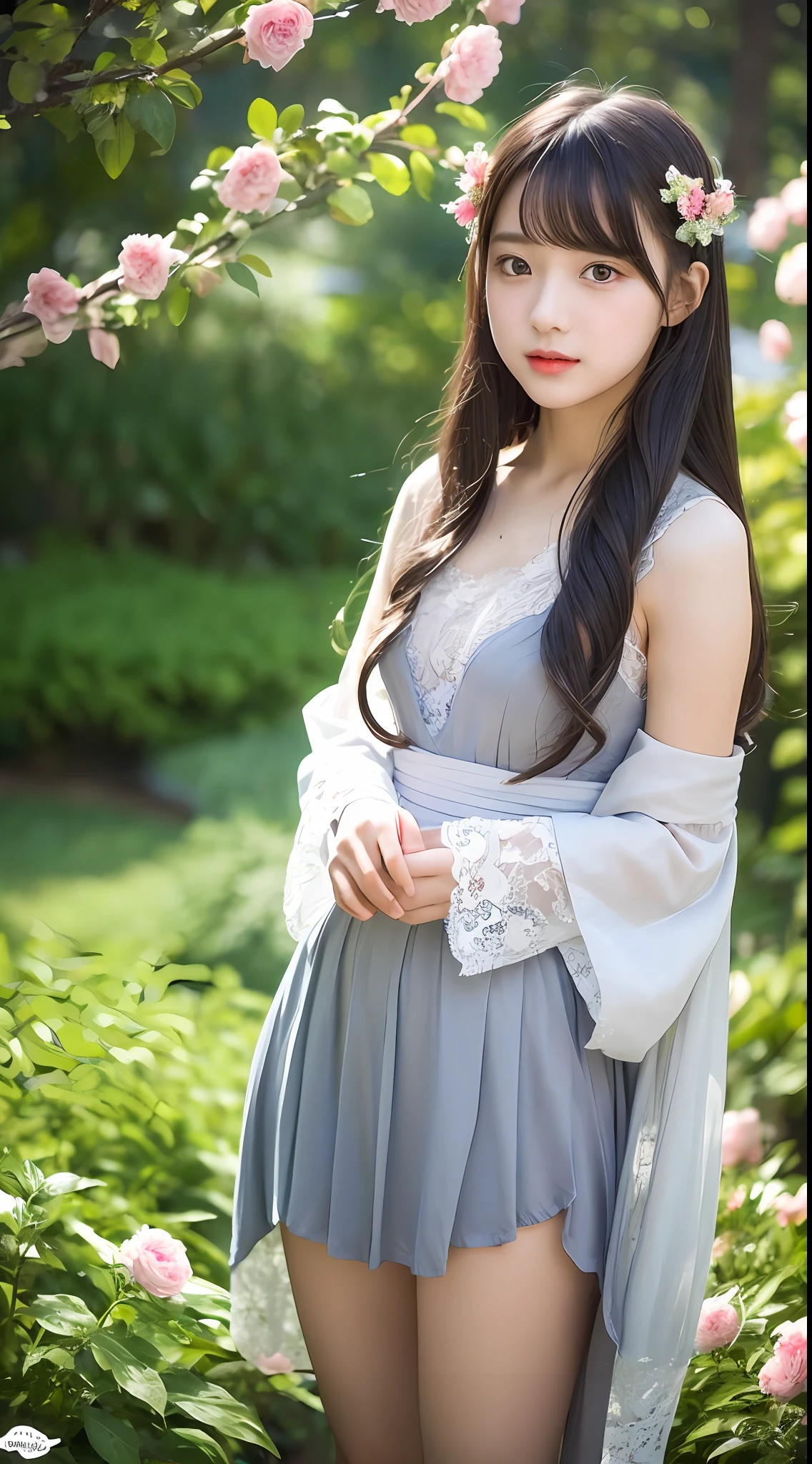 (Little girl: 1.6), lace, ribbon, hanfu, big breasts, exposed breasts: 1.2, bare legs: 1.2, full body, (masterpiece, side light, delicate beautiful gray eyes: 1.2), masterpiece, realism, glowing eyes, shiny hair, black hair, long hair, shiny skin, solo, embarrassing, bandeau, delicate, beautiful, garden, flowers, fluttering petals,