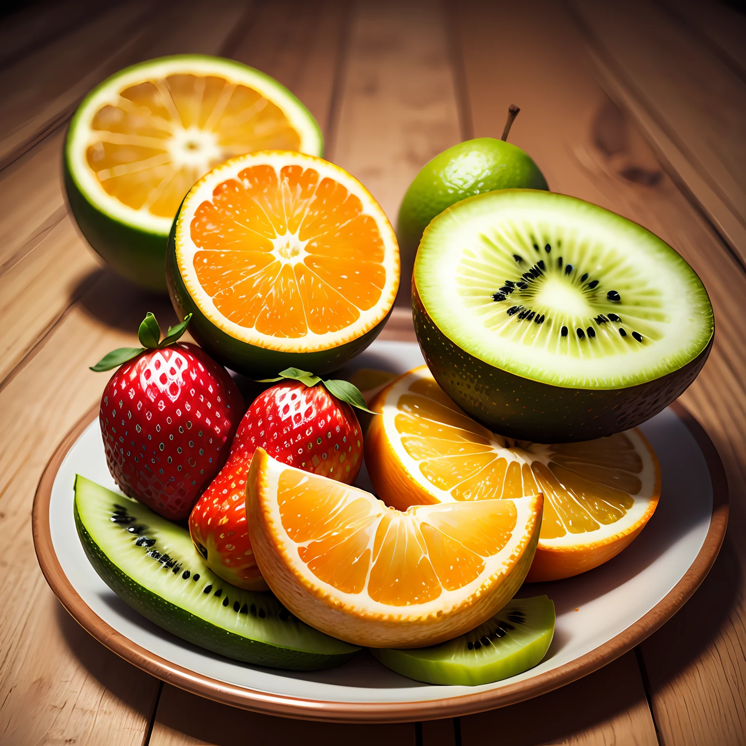 fruit, orange, kiwi, strawberry, banana, detailed background, intricate