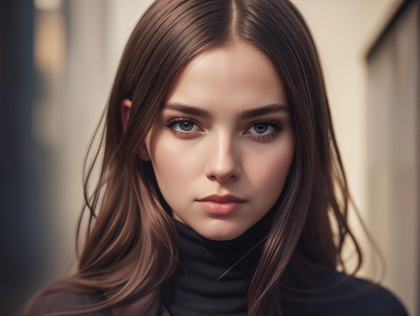 A stunning intricate full color portrait of (sks woman:1), wearing a black turtleneck, epic character composition, by ilya kuvshinov, alessio albi, nina masic, sharp focus, natural lighting, subsurface scattering, f2, 35mm, film grain,