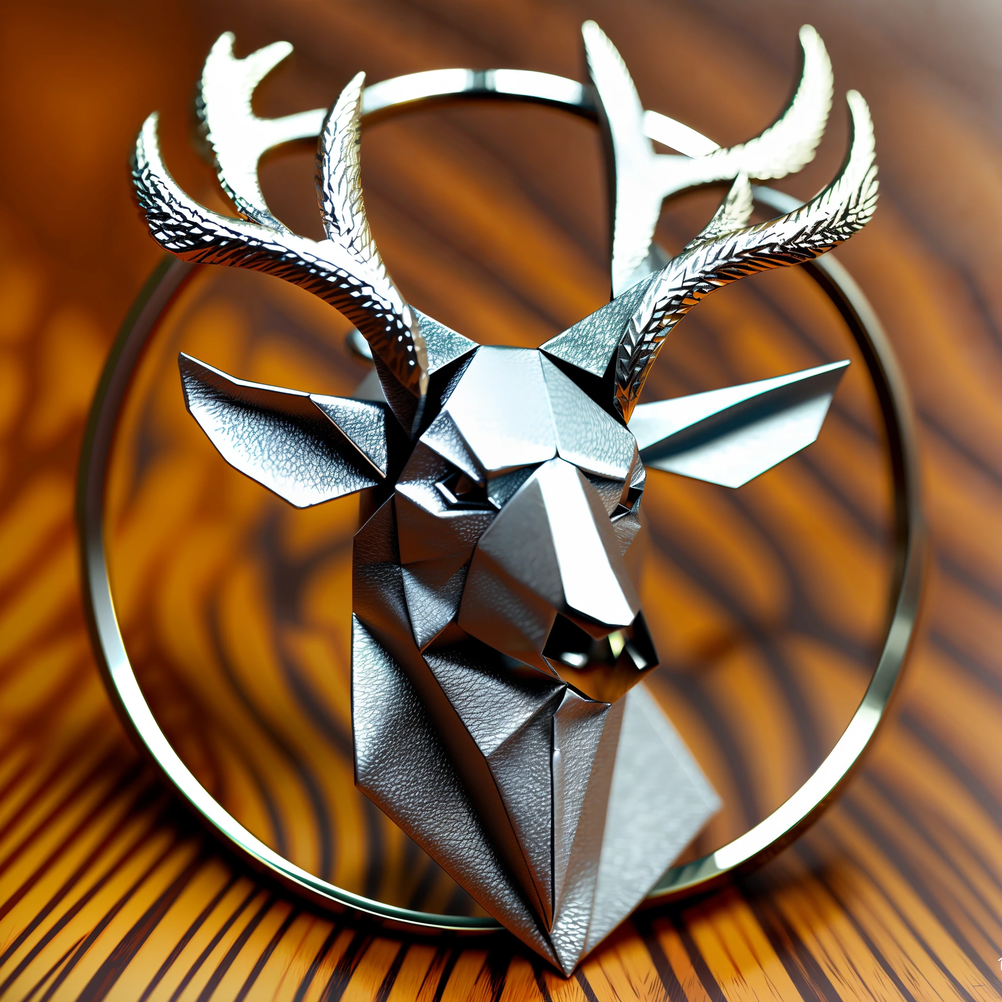 Generate a platinum ring, deer head, antlers, majestic, mighty and powerful. Simple lines, origami, metallic, HD, symmetrical.