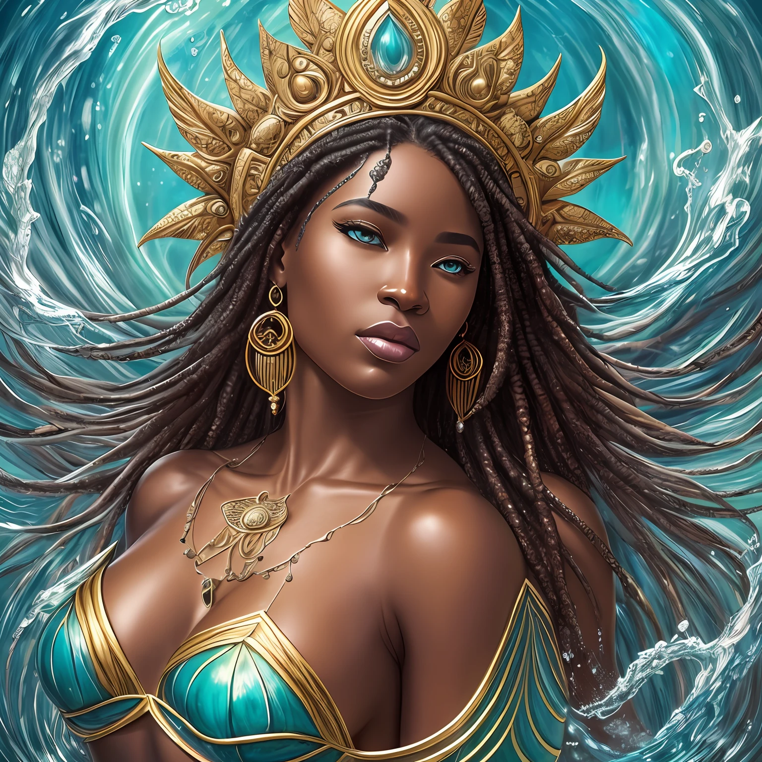Masterpiece, high quality, A closeup of a beautiful African woman of sculptural body, with long hair on a sculptural body, brown skin, African, athletic body of water, closeup fantasy with water magic, Yemanjá African Orixá, Iemanjá the queen of the sea, Goddess of the Ocean, Goddess of the Sea, Karol Bak UHD, Water Element, Portrait of the Warrior Mermaid,  Beautiful Mermaid, Portrait of the Mermaid Queen, Digital Fantasy Art), Digital Art Fantasy Art, African Female Water Elemental --auto --s2