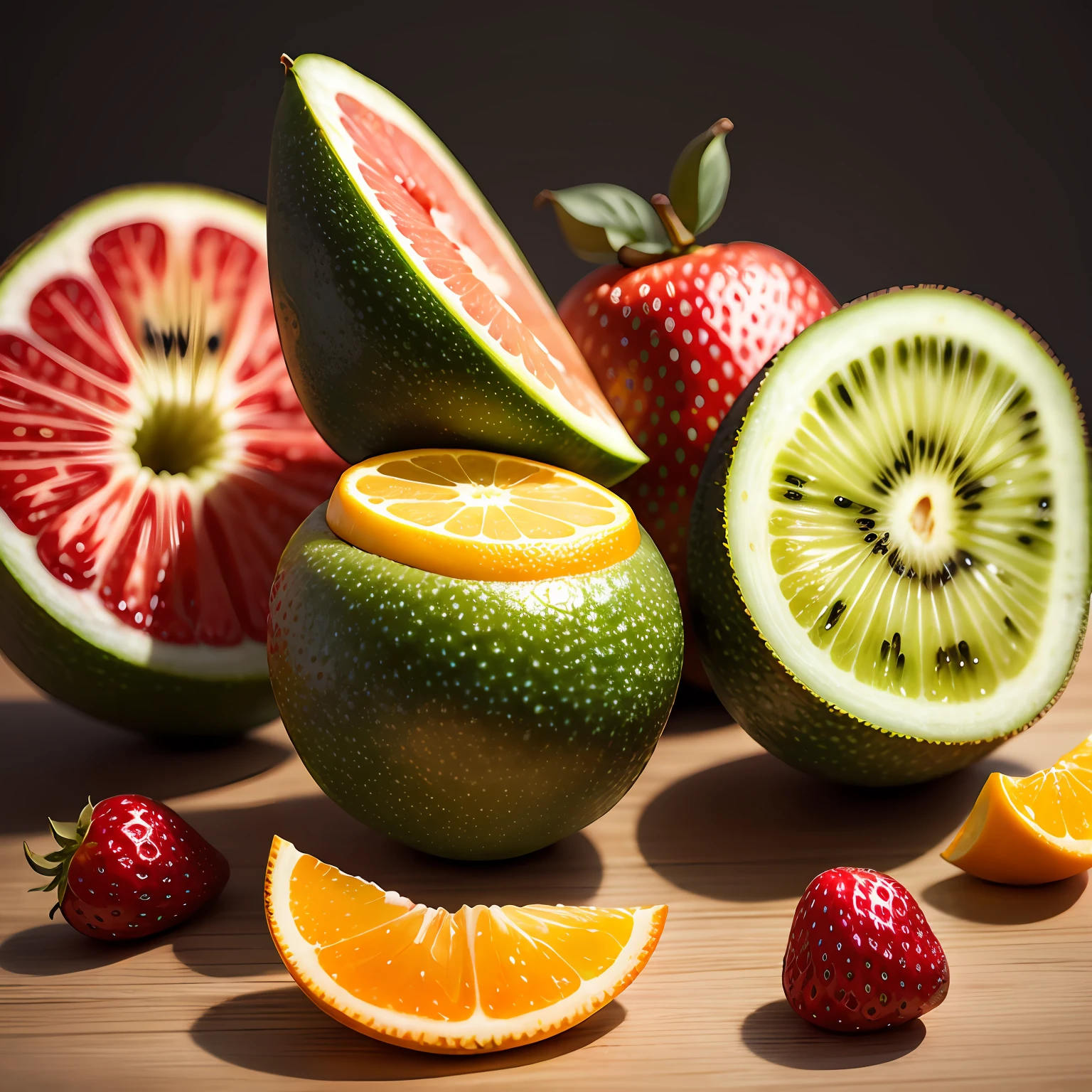 fruit, orange, kiwi, strawberry, banana, detailed background, intricate