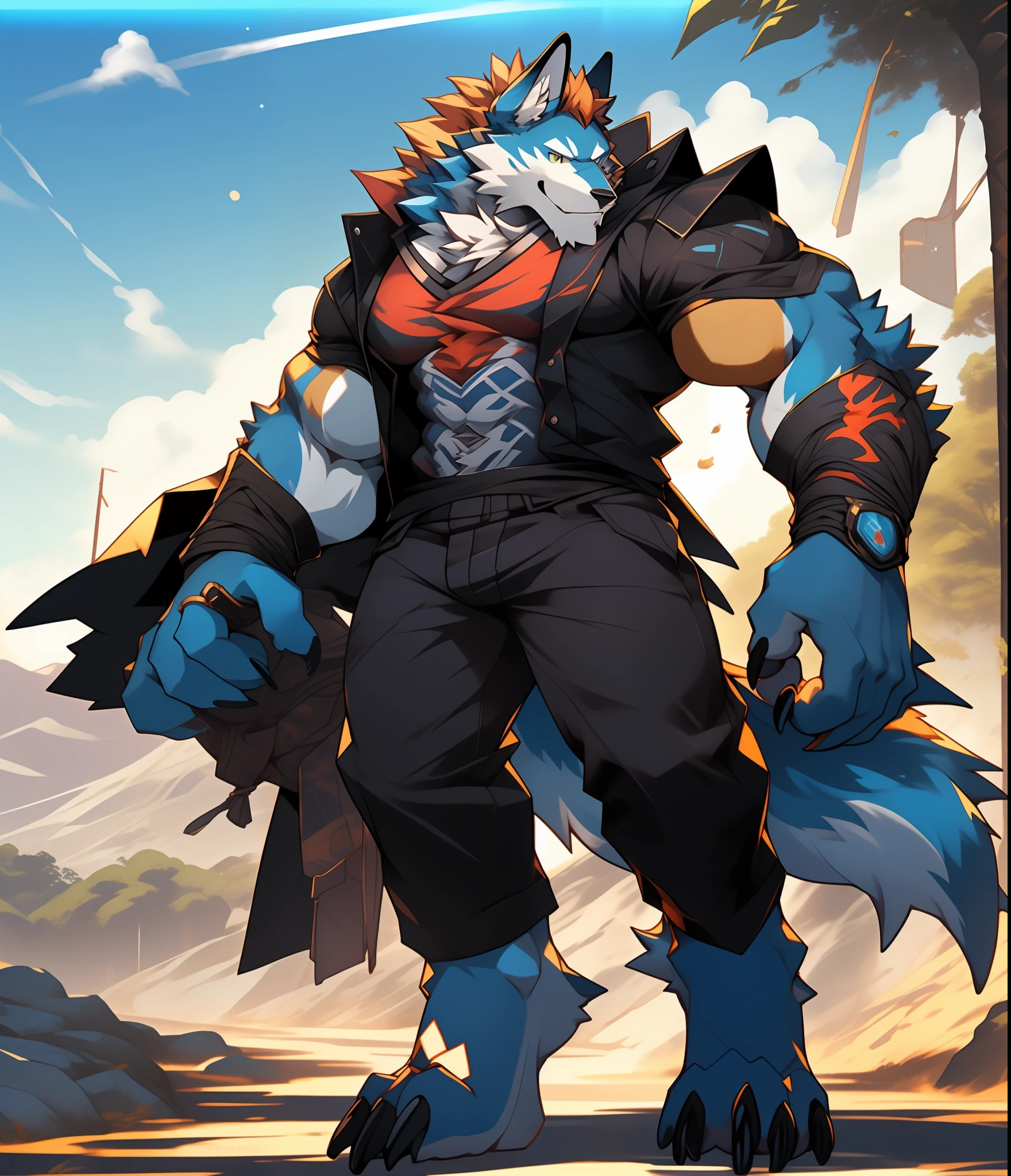 Furry Muscular Werewolf Male in Pants, Furry Art, Muscle Werewolf, High Resolution Committee, Full Body Committee, Furry Anime, Fursona Furry Art Council, Furry Flsona, Gorgeous Werewolf Flsona, Furry, Furry Art, Smile, 1boy, A Furry Tail, Gazing at the Screen, Sharp Claws, Hair Color Black and Gold, Two Legs, Human Wolf, As a Character in Tekken, Furry Character, Fleur Art