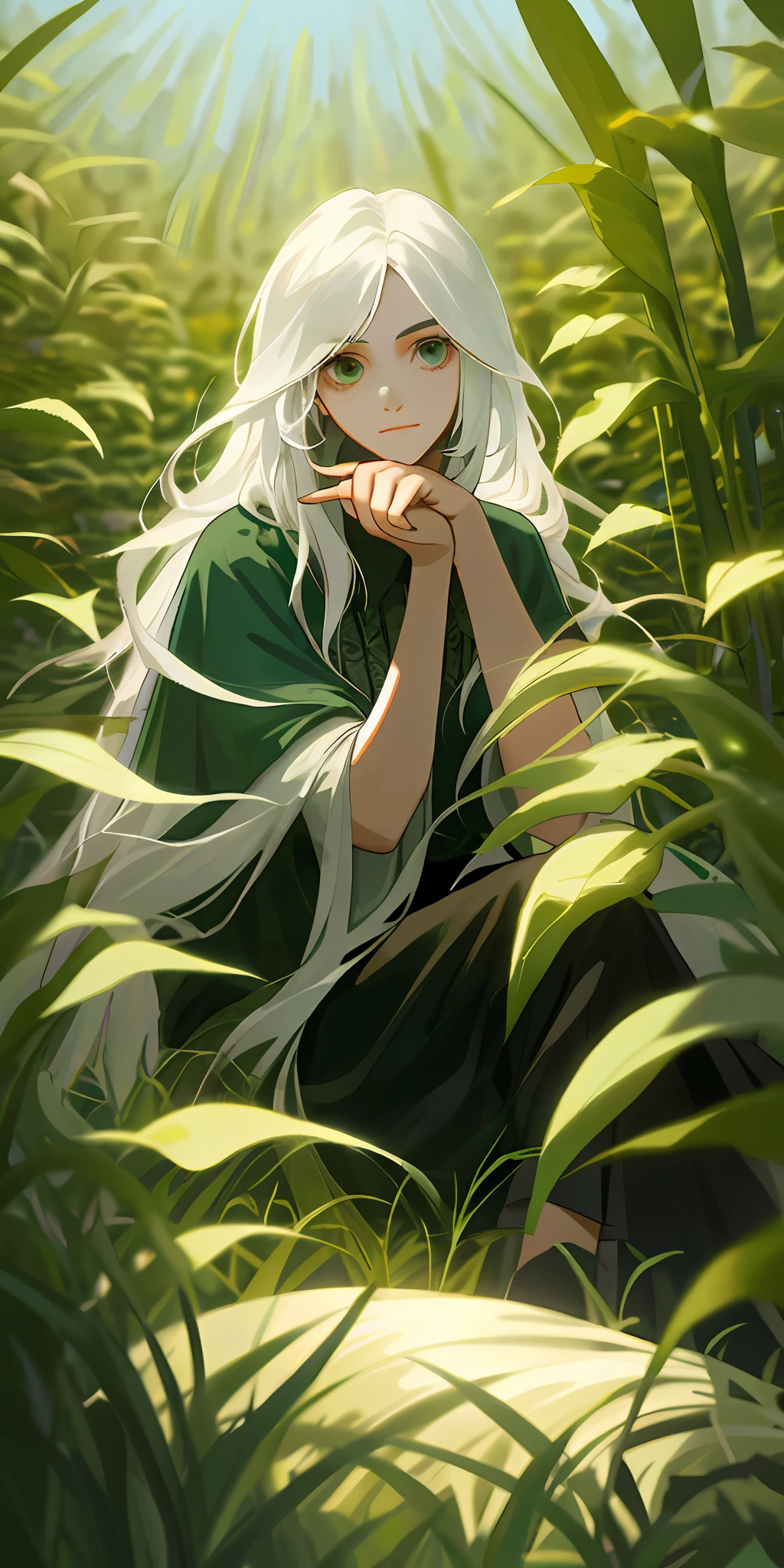 (masterpiece, best quality),1girl with long white hair sitting in a field of green plants and flowers, her hand under her chin, warm lighting,