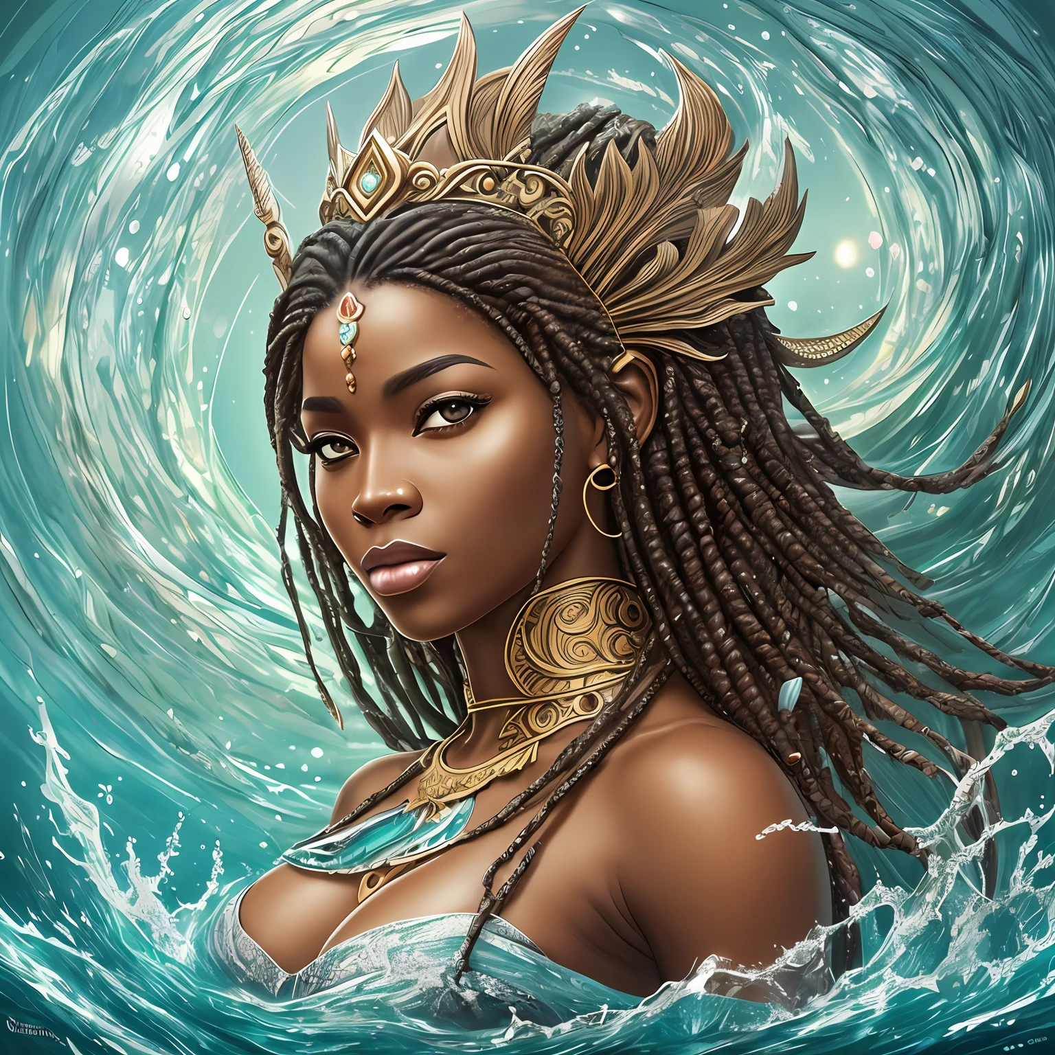 Masterpiece, high quality, A closeup of a beautiful African woman of sculptural body, with long hair on a sculptural body, brown skin, African, athletic body of water, closeup fantasy with water magic, Yemanjá African Orixá, Iemanjá the queen of the sea, Goddess of the Ocean, Goddess of the Sea, Karol Bak UHD, Water Element, Portrait of the Warrior Mermaid, Beautiful Mermaid, Portrait of the Mermaid Queen, Digital Fantasy Art), Digital Art Fantasy Art, African Female Water Elemental --auto --s2