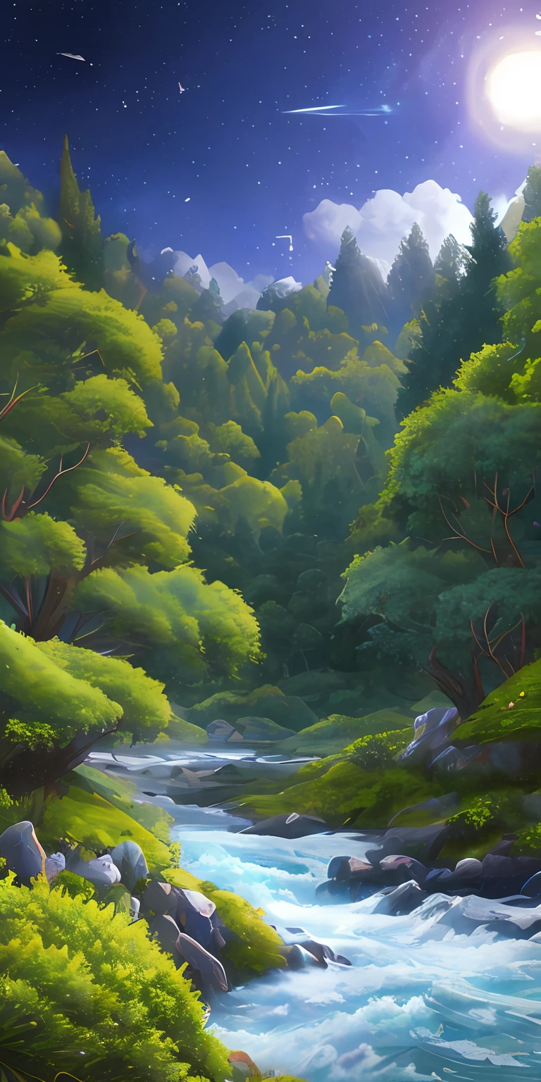 Illustration of a surreal, otherworldly, hyper sky scene including a giant crystal tree full body, highly detailed and magical lighting, intricate forest details, vegetation and surrounding river, solar punk, landscape, giant tree , beautiful green leaves, beautiful lighting and realistic proportions, as if this is a movie background, 8k, highest quality, masterpiece, clouds and stars in the sky.