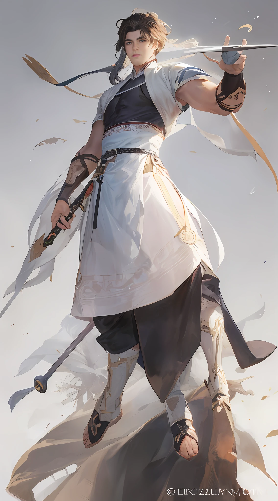 A close-up of a jianghu warrior (Li Bai) wearing a white dress and holding a sword, Li Bai's character portrait, CGSOCIETY's popularity, fantasy art, beautiful character paintings, Guvitz-style artwork, Guwiz, white Hanfu, flowing white robes, full-body martial arts, epic exquisite character art, stunning character art, beautiful and elegant male swordsman