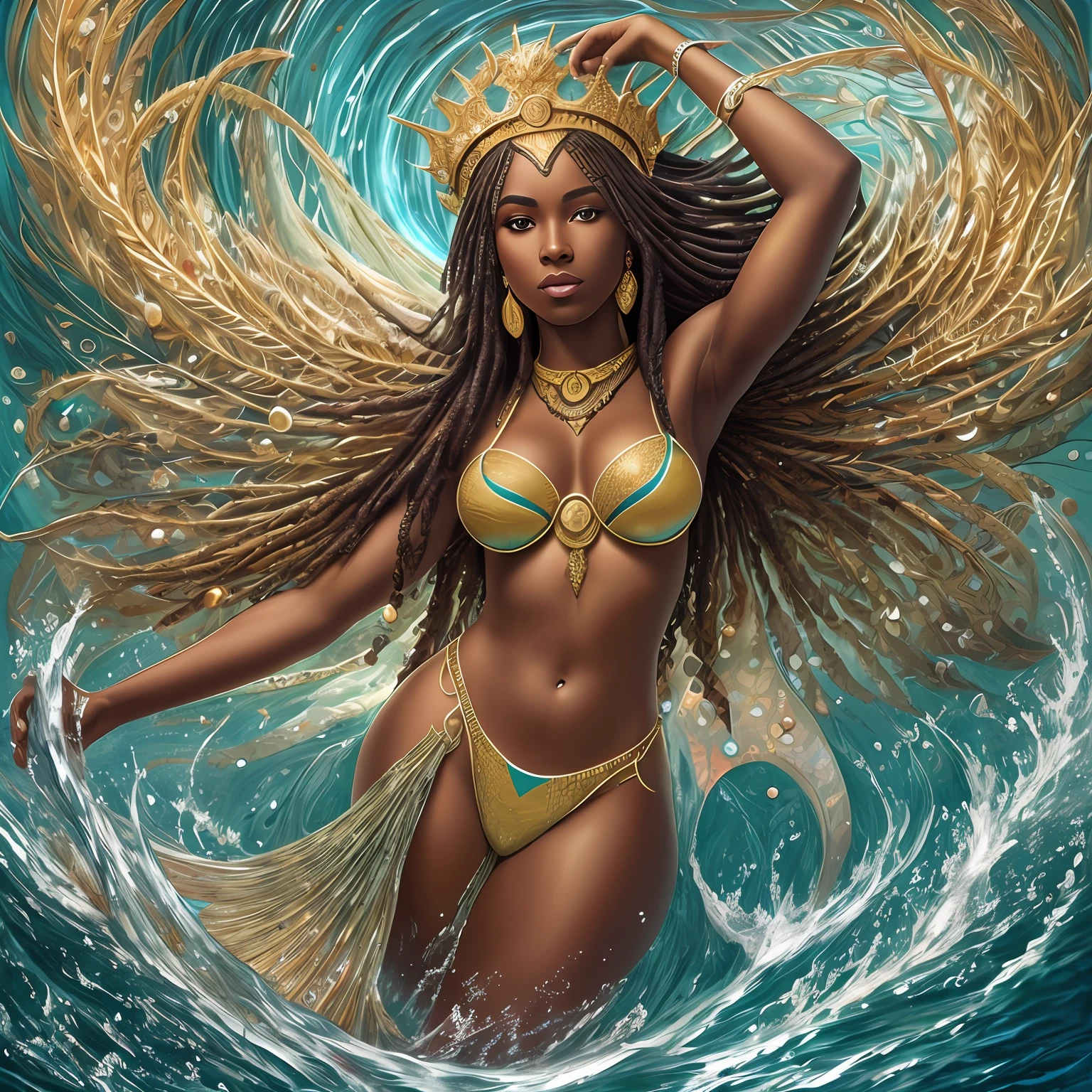 Masterpiece, high quality, A closeup of a beautiful African woman of sculptural body, with long hair on a sculptural body, brown skin, African, athletic body of water, closeup fantasy with water magic, Yemanjá African Orixá, Iemanjá the queen of the sea, Goddess of the Ocean, Goddess of the Sea, Karol Bak UHD, Water Element, Portrait of the Warrior Mermaid, Beautiful Mermaid, Portrait of the Mermaid Queen, Digital Fantasy Art), Digital Art Fantasy Art, African Female Water Elemental --auto --s2
