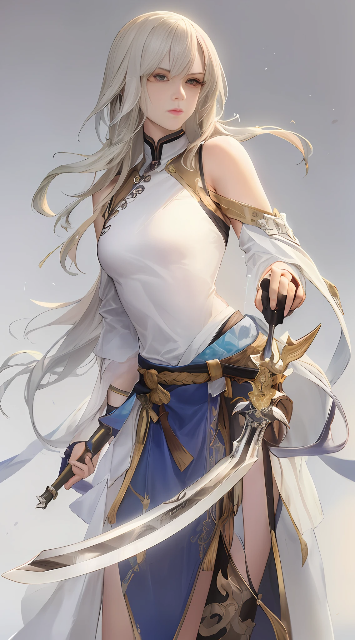 A close-up of a jianghu warrior (Li Bai) wearing a white dress and holding a sword, Li Bai's character portrait, CGSOCIETY's popularity, fantasy art, beautiful character paintings, Guvitz-style artwork, Guwiz, white Hanfu, flowing white robes, full-body martial arts, epic exquisite character art, stunning character art, beautiful and elegant male swordsman