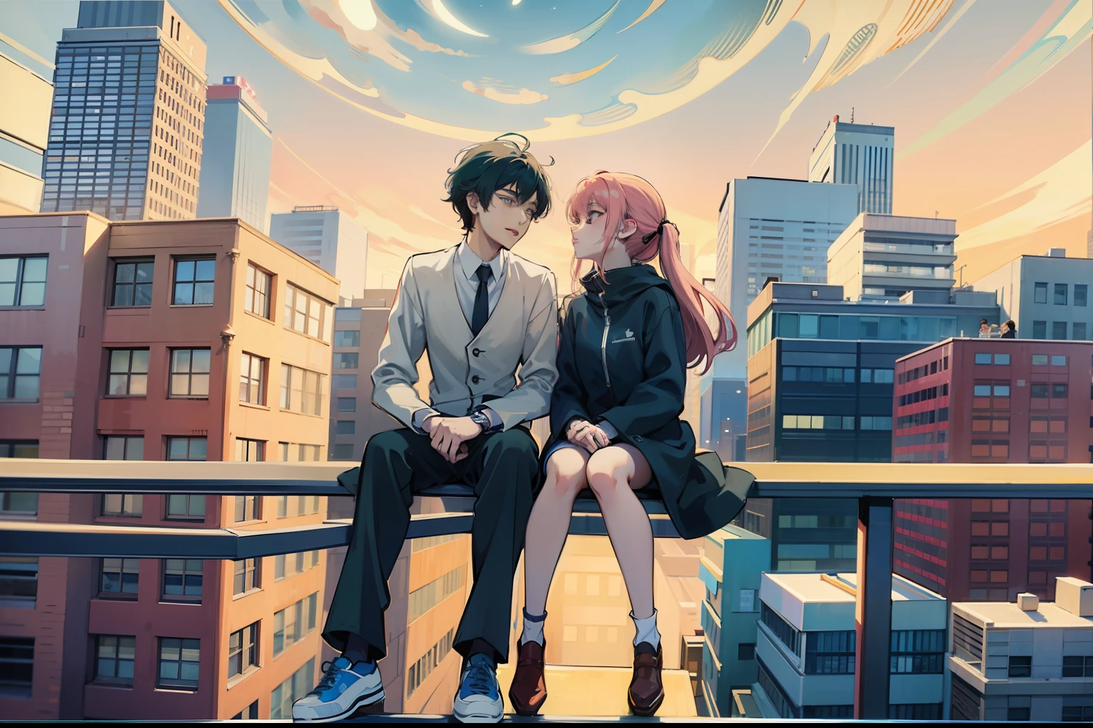 anime couple sitting on a ledge in front of a cityscape, on a rooftop, in a rooftop, sits on a rooftop, rooftop romantic, sitting on a skyscraper rooftop, high quality fanart, beautiful anime, in anime style, modern anime style, beautiful anime art style, very modern anime style, beautiful anime style, set in tokyo rooftop, anime style illustration