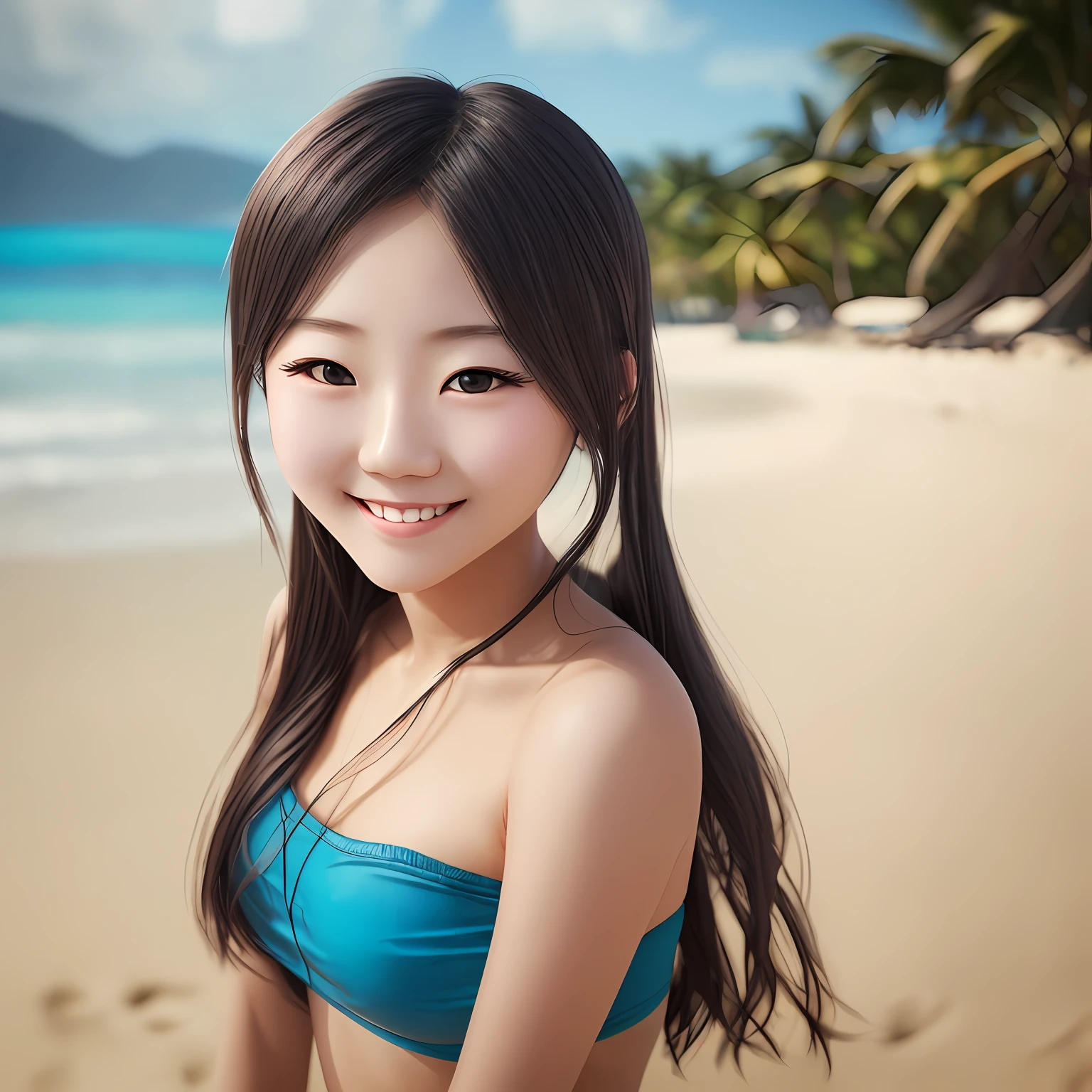 Very cute idol looking Japanese girl smiling, (wearing tube top), (photo realistic:1.4), tropical sandy beach, 8K, masterpiece, very detailed face, (20-30 yrs old), super high resolution, super high quality photo taken with Hasselblad. Sharp focus, cinematic lighting. --auto