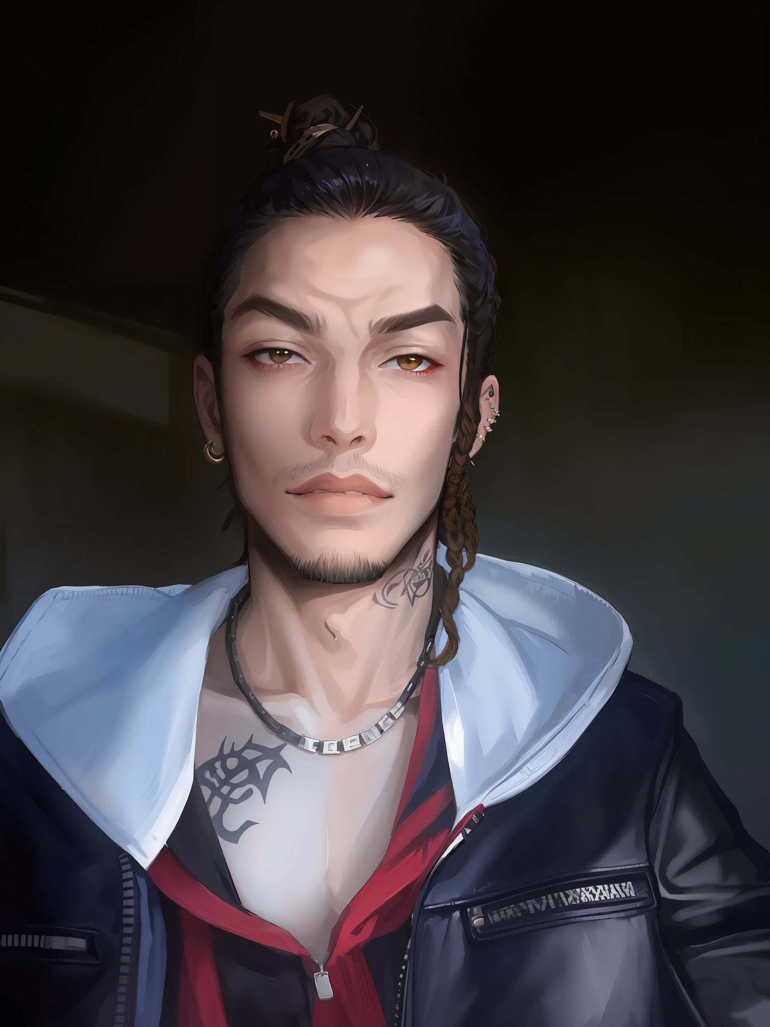 A rebellious and edgy bad boy with a cool septum piercing, trendy industrial bar ear piercing, vibrant dreadlocks, and a stylish man bun, embodying the spirit of Gen Z with a charismatic mix of cuteness and an irresistible bad boy aura. Spider neck tattoo and bare chest