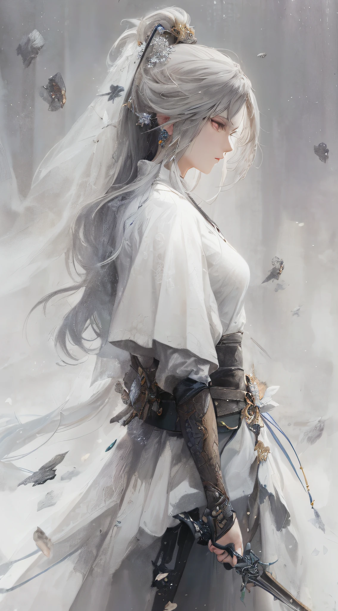 a close up of a woman with a sword in a white dress, a character portrait by Yang J, trending on cgsociety, fantasy art, beautiful character painting, artwork in the style of guweiz, guweiz, white hanfu, flowing white robes, full body wuxia, epic exquisite character art, stunning character art, beautiful female assassin