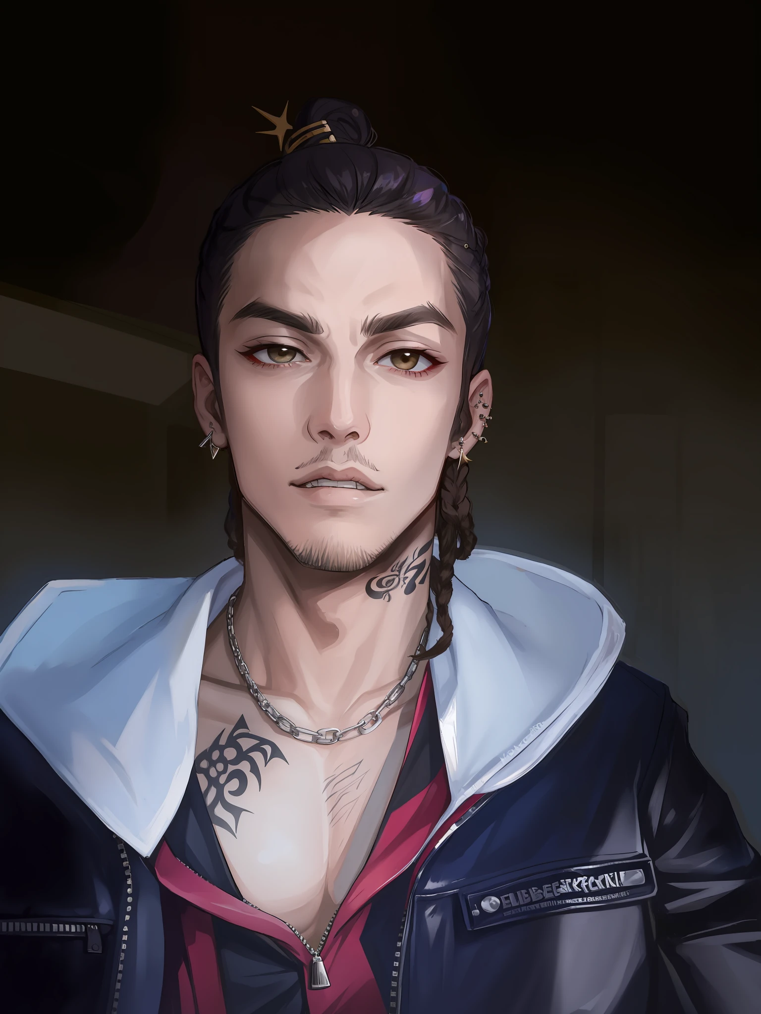 A rebellious and edgy bad boy with a cool septum piercing, trendy industrial bar ear piercing, vibrant dreadlocks, and a stylish man bun, embodying the spirit of Gen Z with a charismatic mix of cuteness and an irresistible bad boy aura. Spider neck tattoo and bare chest