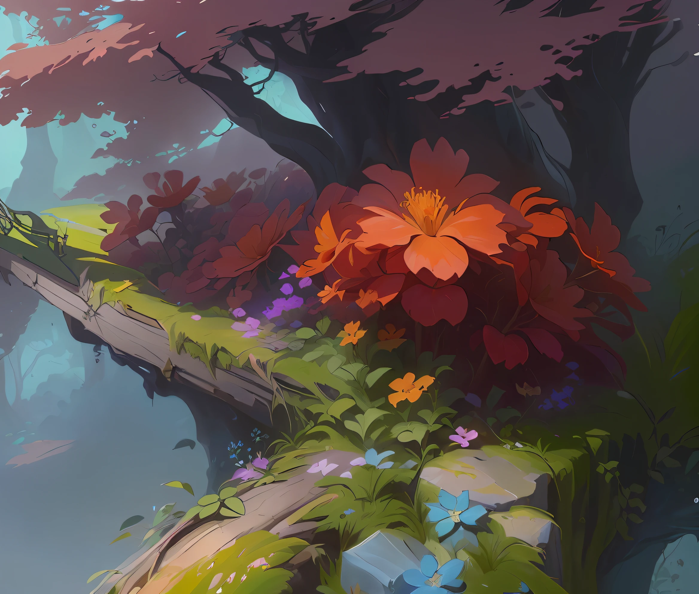 Floral environment, detailed digital painting, digital painting concept art, high detail digital painting, colorful concept art, stylized painting, low detail. Digital painting, stylized concept art, overgrown shiny spots, very detailed digital painting, painting concept art, painting concept art, color study